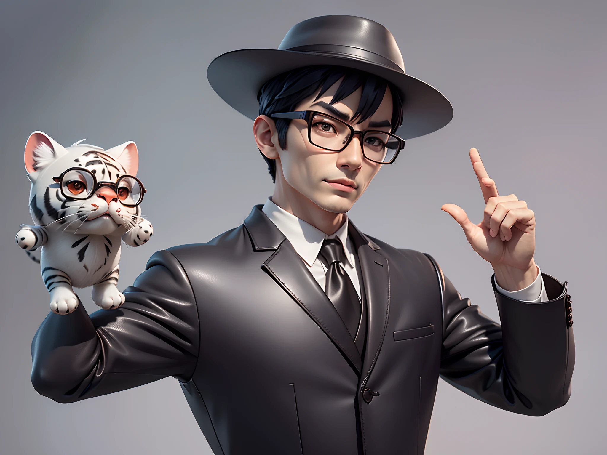 Young man with oriental face in leather hat, tiger, oriental face in formal suit, short black hair, silver glasses, digital painting, 3D character design by Mark Clairedon and Pixar and Hayao Miyazaki and Akira Toriyama, the illustration is a high-definition illustration in 4K resolution with very detailed facial features and cartoon-style visuals.