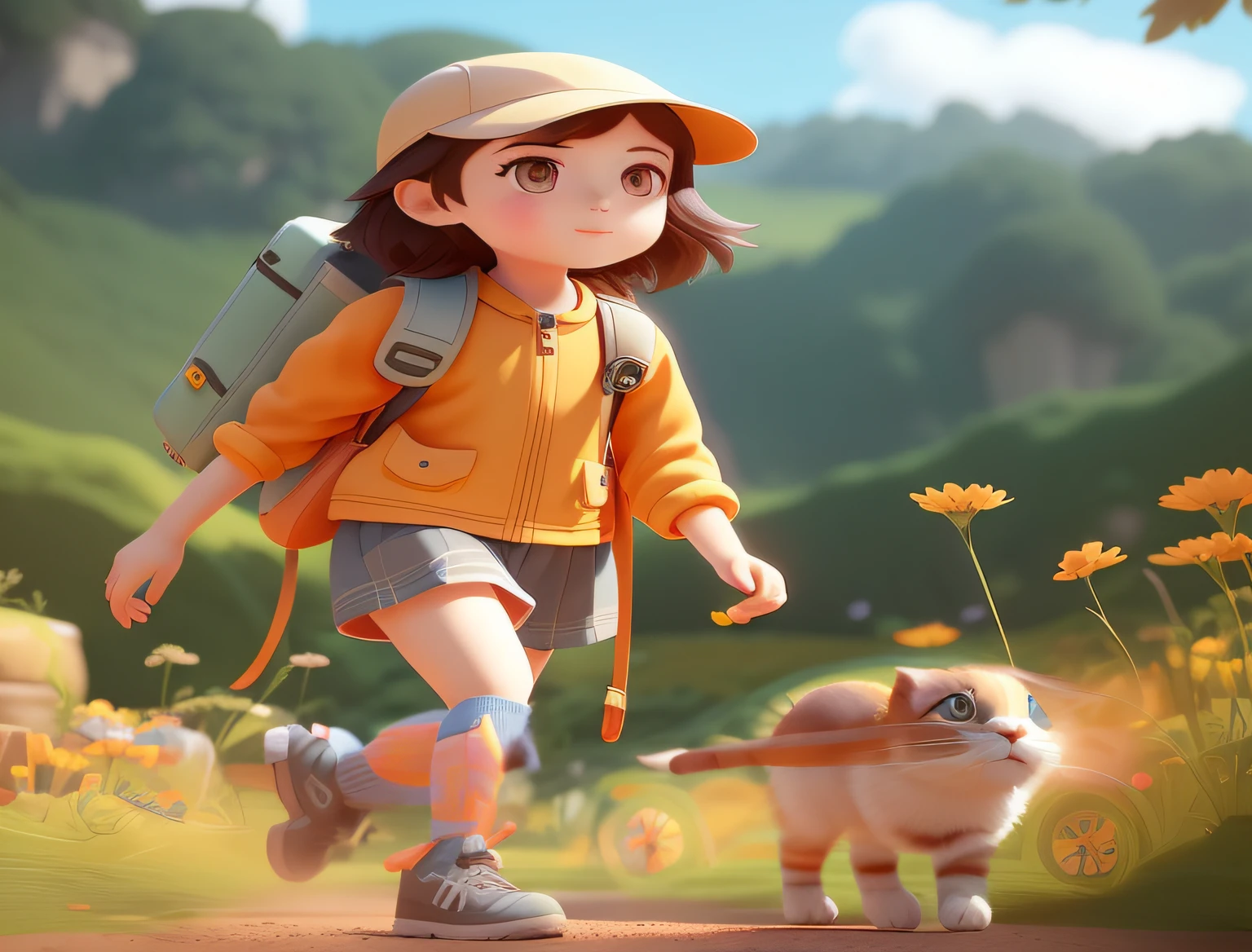 Cartoon girl with kitten walking on the path of the field,small person。Unreal Engine5,Animation-style rendering,Atey Ghailan 8 K,Children's art in Artstation,adventure hyper realistic render,lovely digital painting,Cute 3d render,cute detailed digital art,Female explorer mini cute girl,Inspired by Atey Ghailan,Stylized 3D rendering