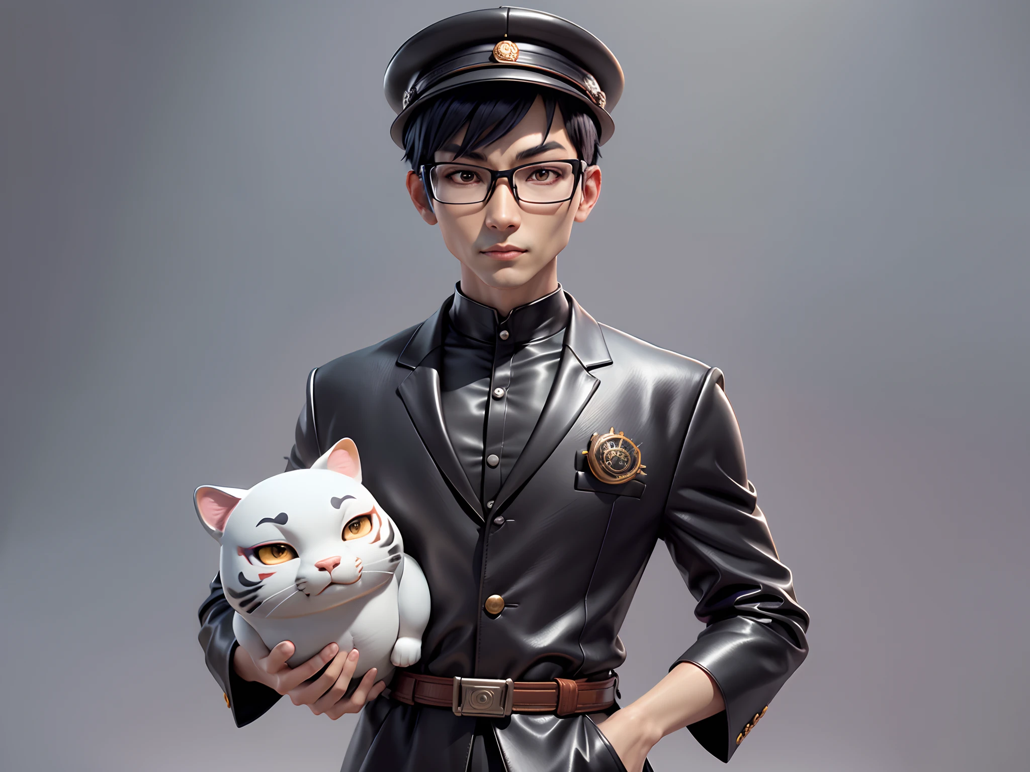 Young man with oriental face in leather hat, tiger, oriental face in formal suit, short black hair, silver glasses, digital painting, 3D character design by Mark Clairedon and Pixar and Hayao Miyazaki and Akira Toriyama, the illustration is a high-definition illustration in 4K resolution with very detailed facial features and cartoon-style visuals.