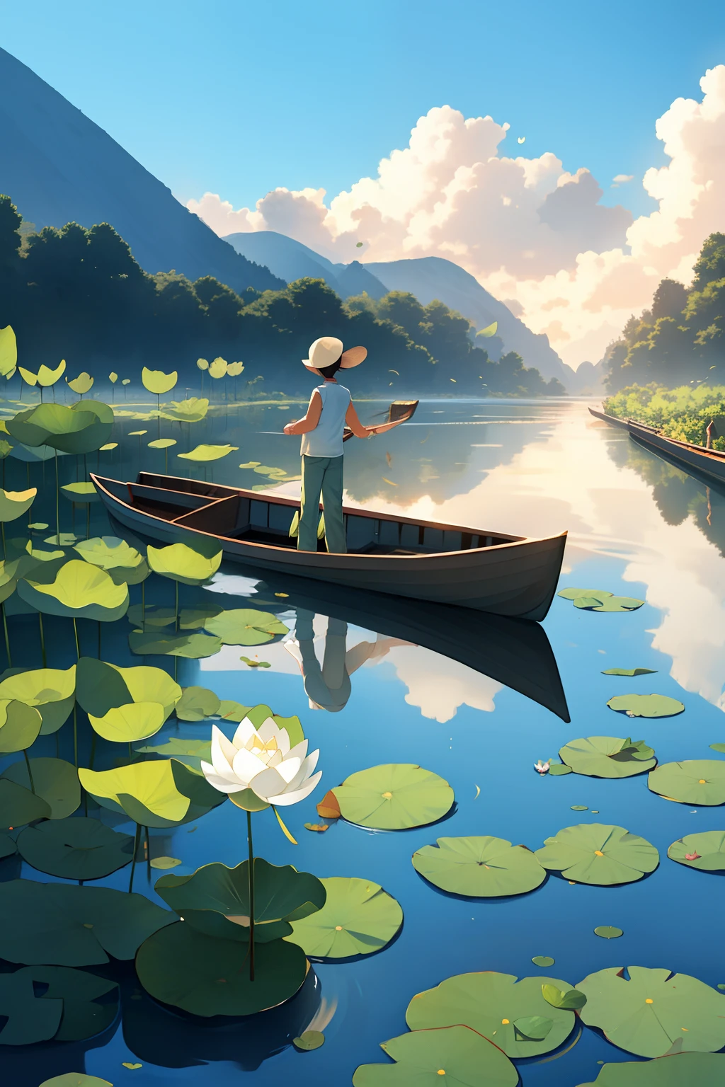 lakes，Lotus leaf，boat，Migrants，The man who rocked the boat