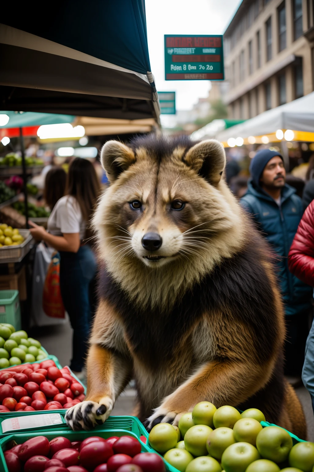 RAW photo, Animal, portrait photo of [Man:Lion:1], Rocket the Racoon from "Guardian of the galaxy" movies, Humanoid creatures in clothes, at the market, face, 8K  UHD, Digital SLR, Soft lighting, High quality, filmgrain, Fujifilm XT3