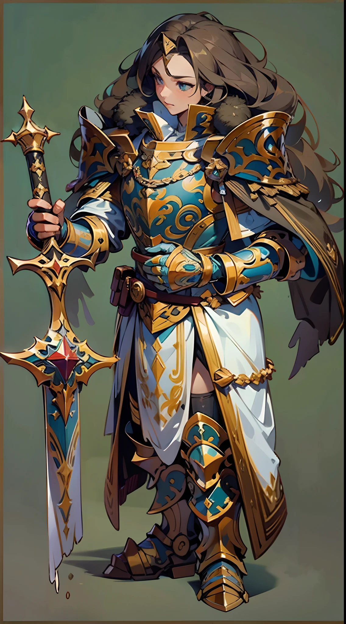 Game character design，holy paladin，Quaint and heavy armor wraps the entire body，shelmet，Holding a stout and ornate scepter，heavy boots，（full bodyesbian：1.4），Lateral face，solid color backdrop，clean backdrop，depth of fields，high light，Real light，Ray traching，oc rendered，Hyper-realistic，best qualtiy，8K，Works of masters，super-fine，Detailed pubic hair，Correct anatomy，Bokeh，Facial features are carefully depicted