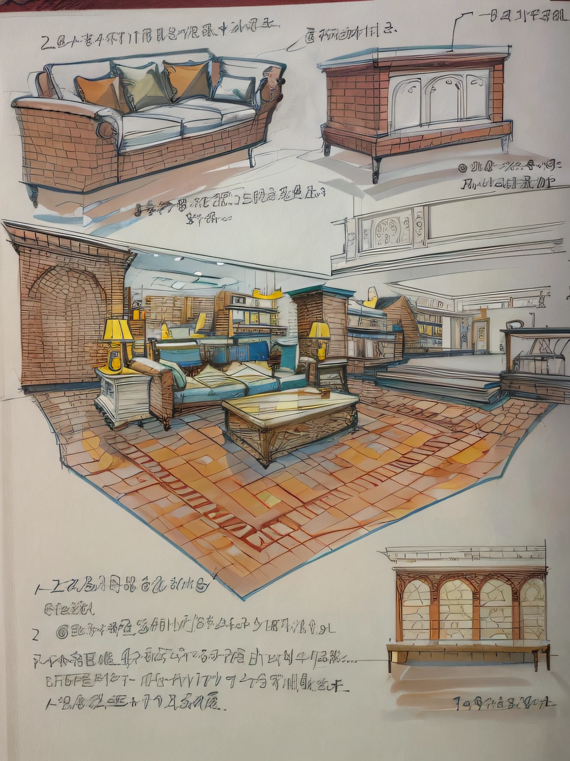 sketches of a living room with a couch, A Coffee table, and fireplace, colorful architectural drawing, library of ruina concept art, architectural concepts, high quality of sketching, author:Ayako hexagon, author:Tessei Tomioka, Architectural illustration, author:Yasutomo Oka, residential design, detailed set design, by Ni Yuanlu