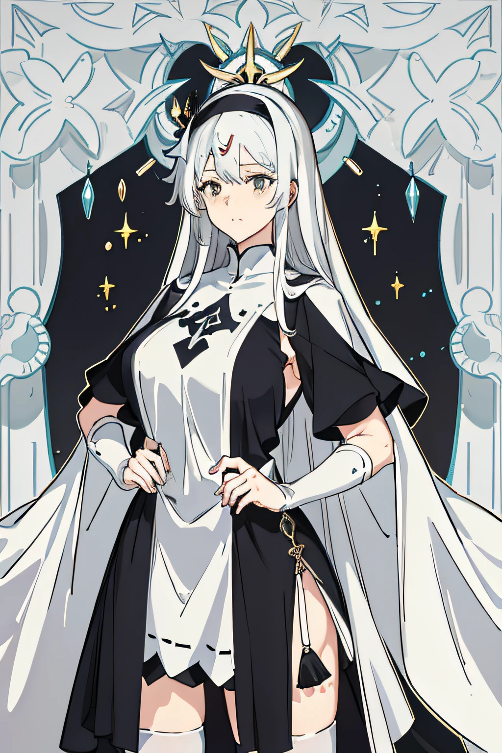 Gentle and mature wife，huge tit，long whitr hair，long layered silvery white hair，Human wife face，Dressed in a conservative black nun dress，Wearing white stockings