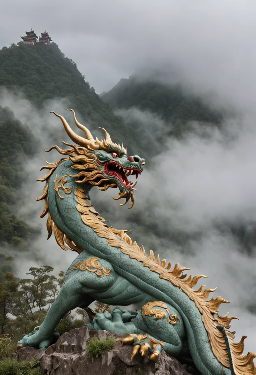 A huge and majestic Chinese dragon，Circling and flying over misty mountains。