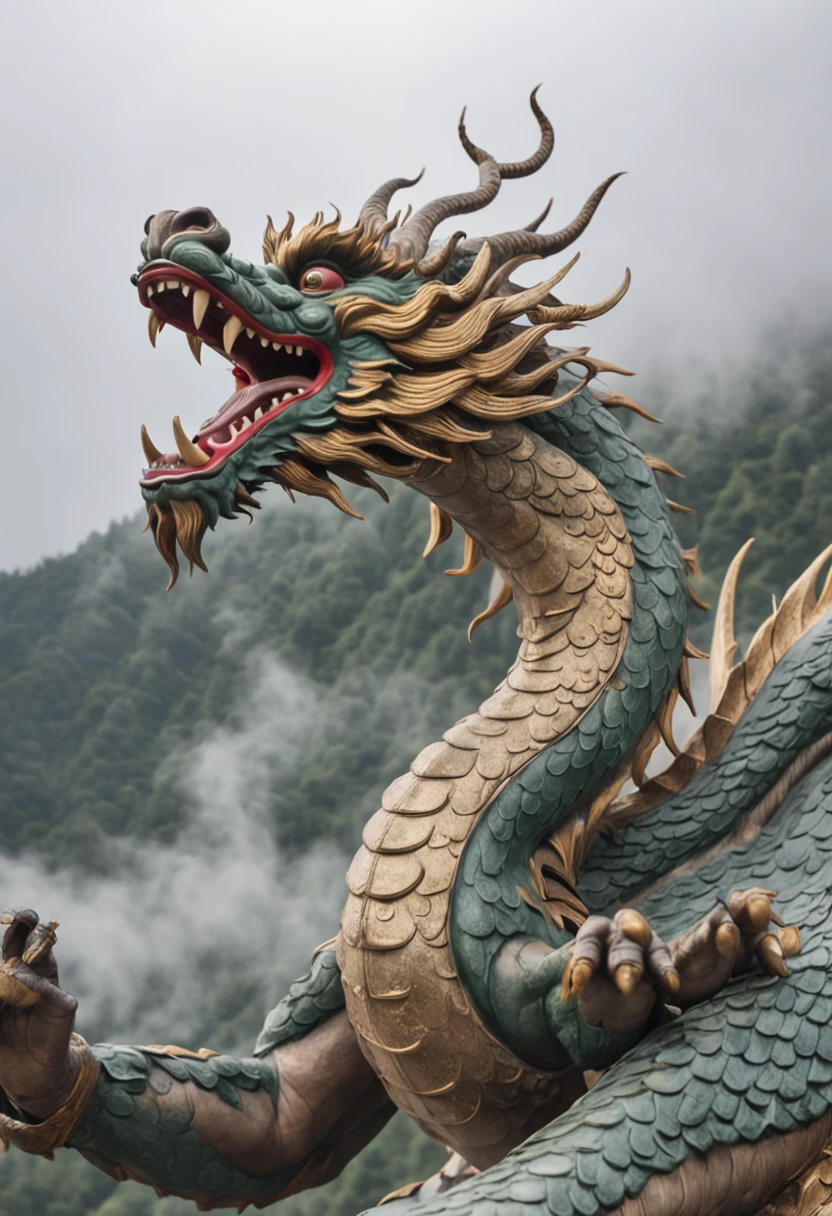 A huge and majestic Chinese dragon，Circling and flying over misty mountains。