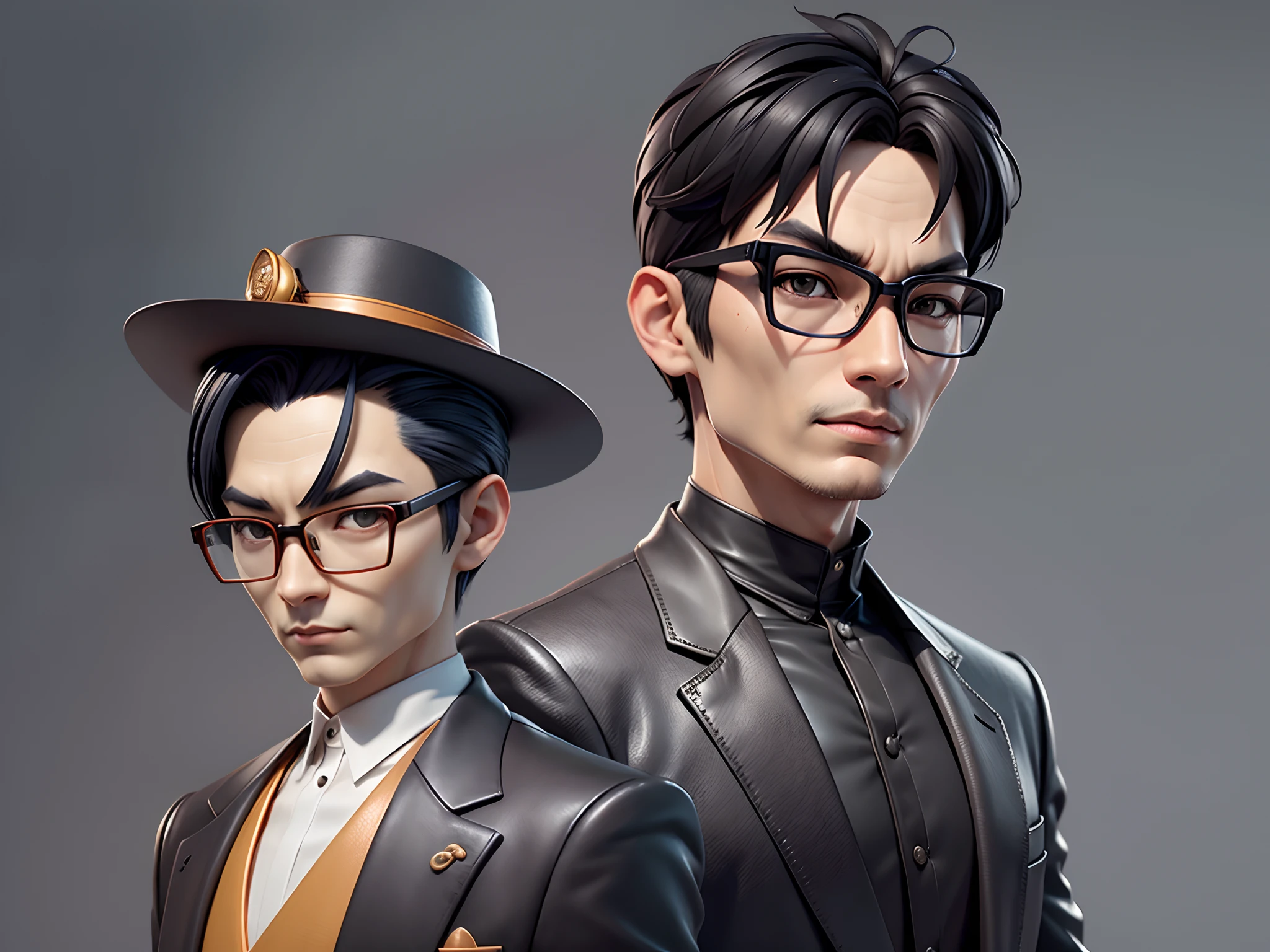 Young man with oriental face in leather hat, dragon, formal suit, short black hair, silver glasses, digital painting, 3D character design by Mark Clairedon and Pixar and Hayao Miyazaki and Akira Toriyama, the illustration is a high-definition illustration in 4K resolution with very detailed facial features and cartoon-style visuals.