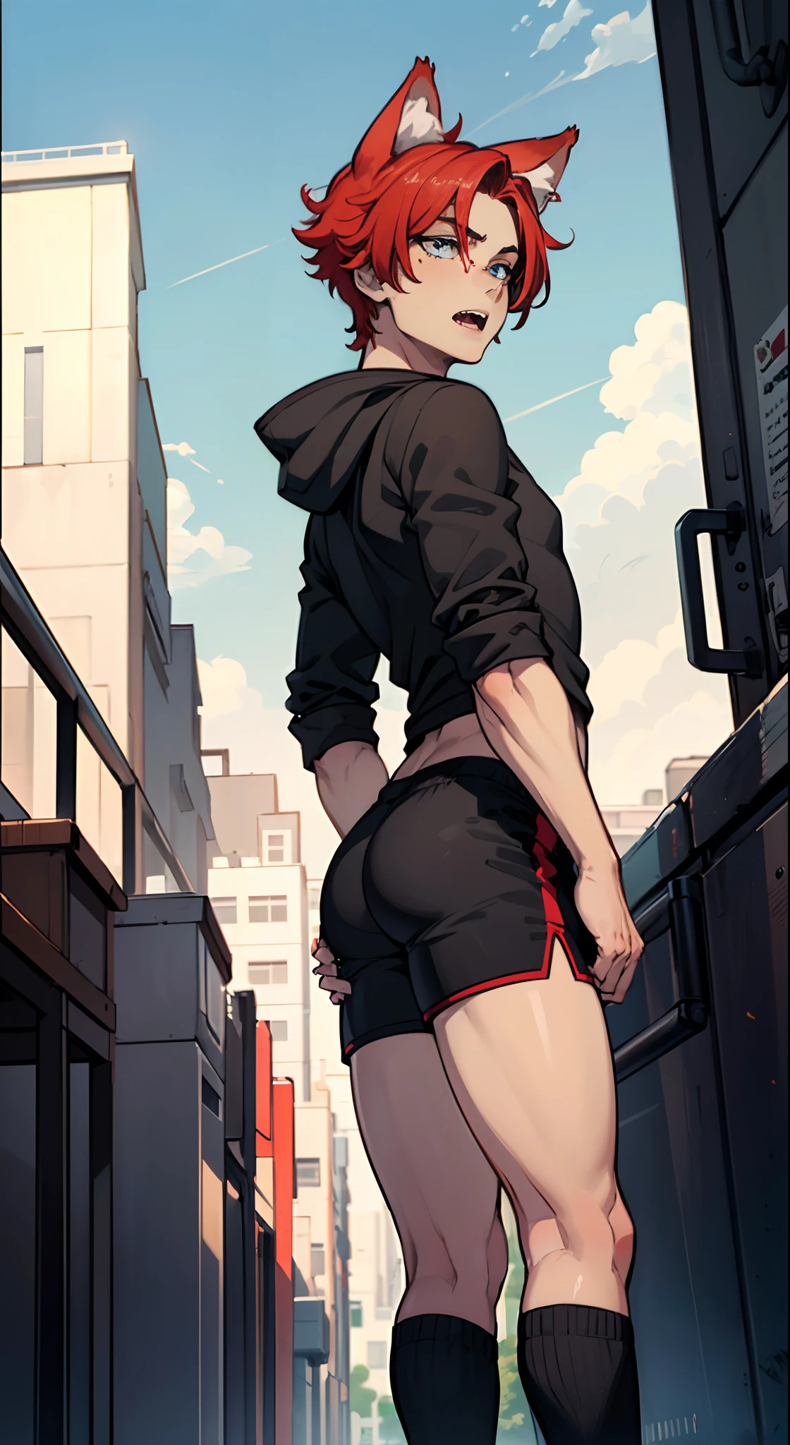 ((best illustration)) brazilian girl, Red hair, age body, black cap, black tight skirt, black boot, urban landscape, building, horizon, Sunset, silhouette against the clouds, contemplative.