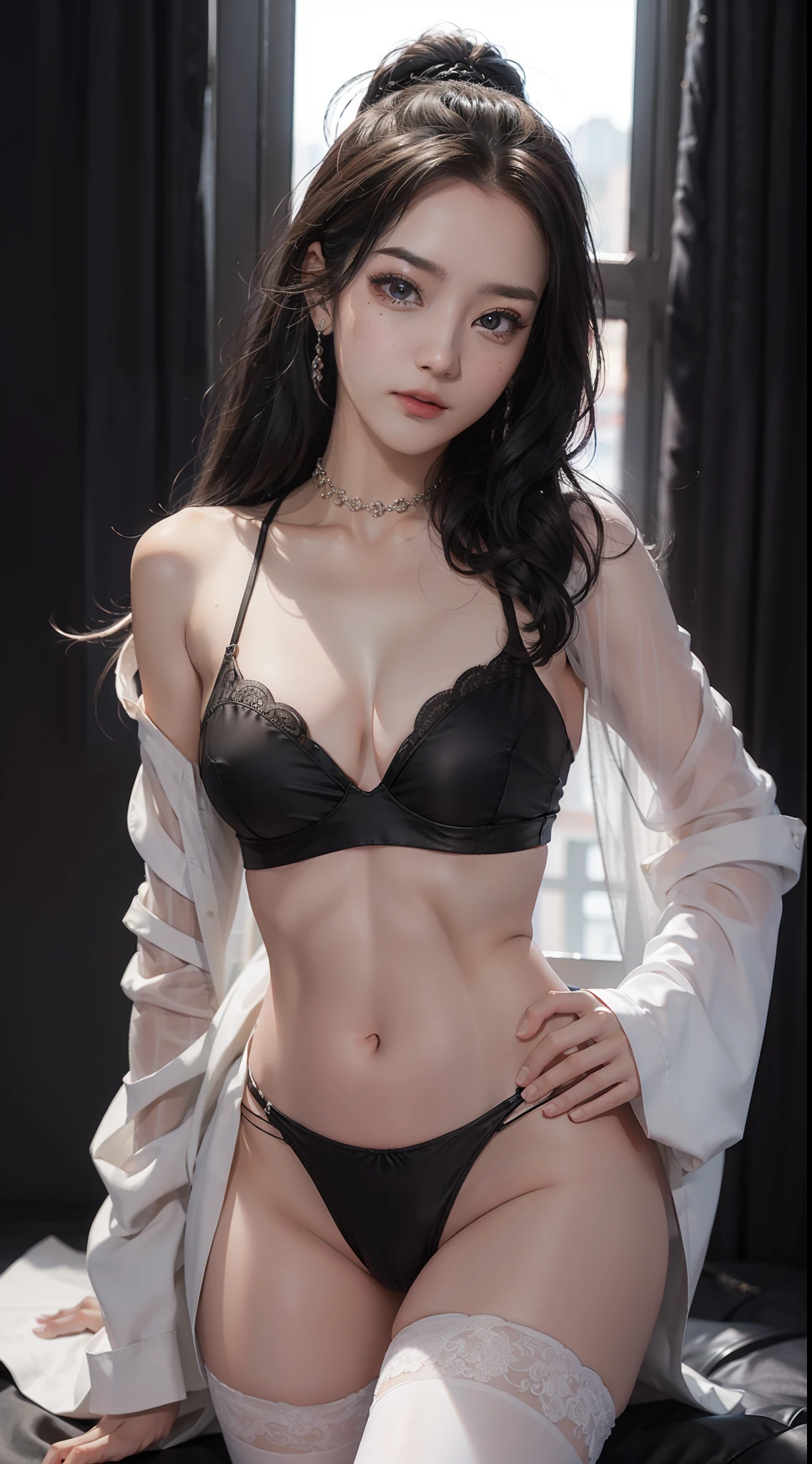 (hyper realisitc), (illustratio), (A high resolution), (8K), (The is very detailed), (Most Best Illustration), (beatiful detailed eyes), (best qualtiy), (ultra-detailliert), (tmasterpiece), (the wallpaper), (Detailed face), 独奏, (dynamicposes), 1 rapariga, White wavy curls, Korean dancer, Heterochromic eyes, Little moles under the eyes, ,, long leges, Tighten abs, see-through transparent clothes, ssee-through, (camel-toe), (black lence stockings), (with no underpants), (no-bra),(full bodyesbian)(sex organ),(Crazy self-comfort),