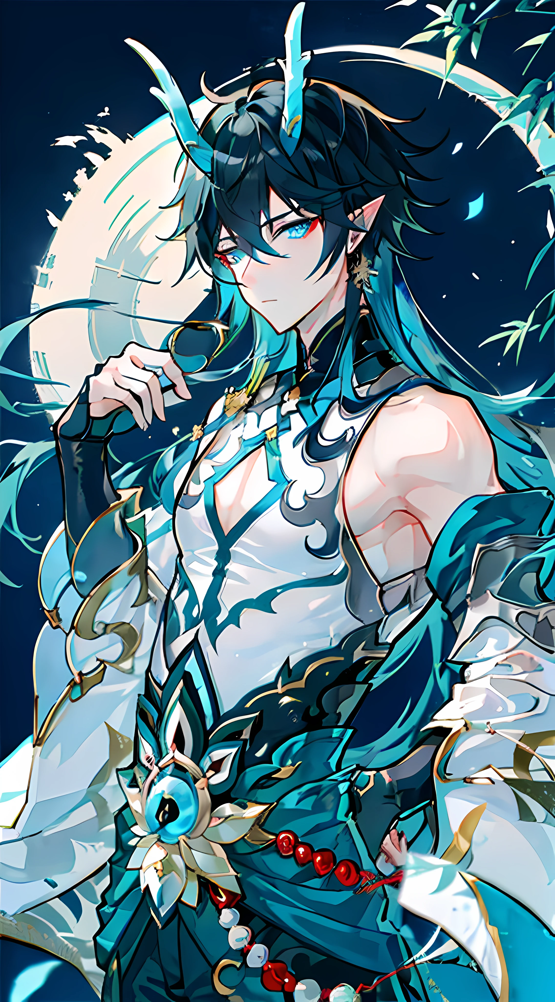 Silver Moon-kun\(Character\),Dragon 1\(Features\),Promenade,parapets,smog,Backlight,Book in hand,Chinese-style corridor,Bamboo,The background is an ancient landscape，bamboo forrest，Small pavilion，blue-sky，Bust，Exquisite facial features