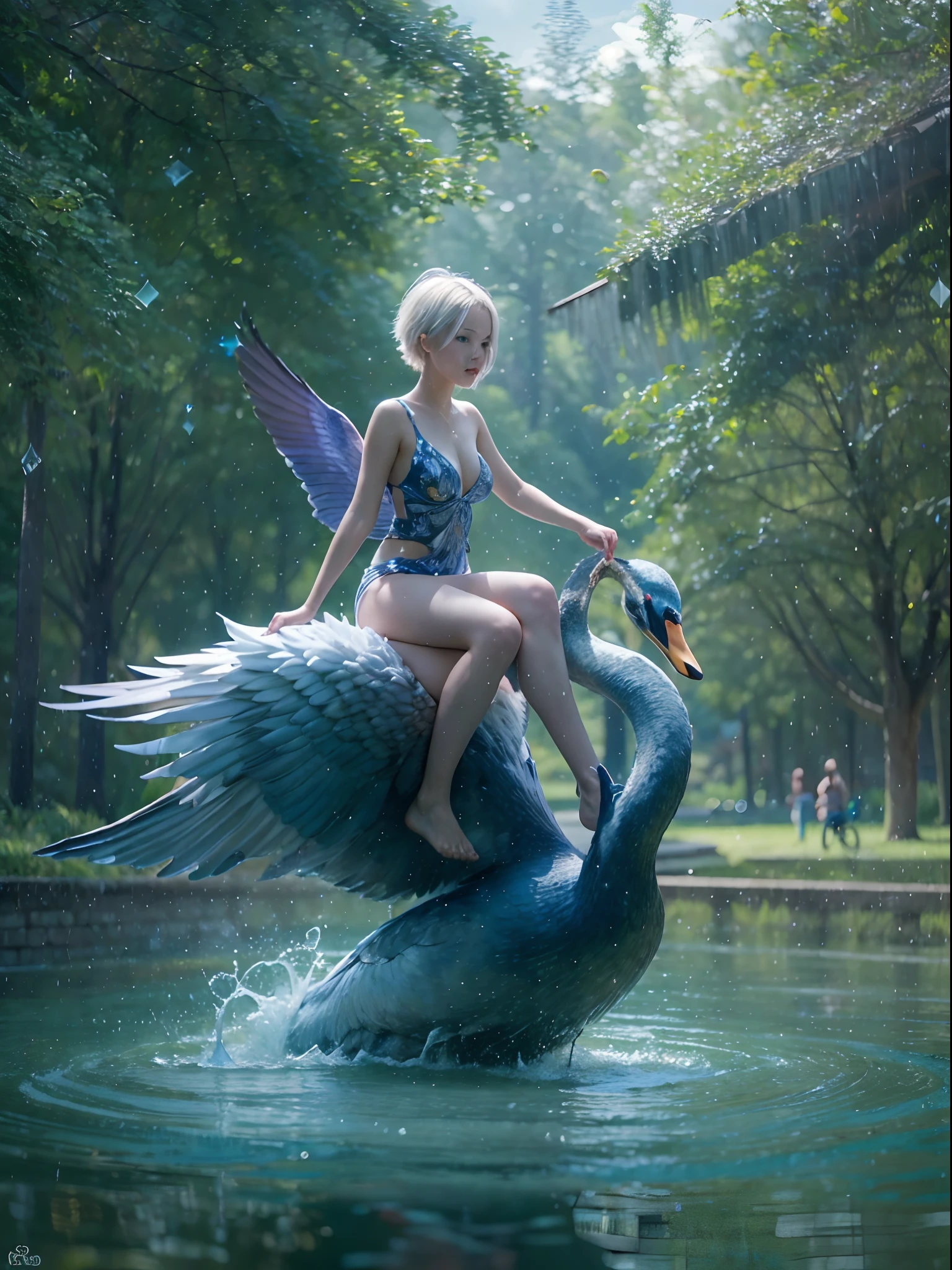 (Best Quality, Masterpiece: 1.1), (Realistic: 1.4), Beautiful naked girl is riding on the purple swan, god ray, teen, silver short hair, blue eyes, full body, from below, hourglass body shape, flying over the park,crystallineAI,fractal art,splash