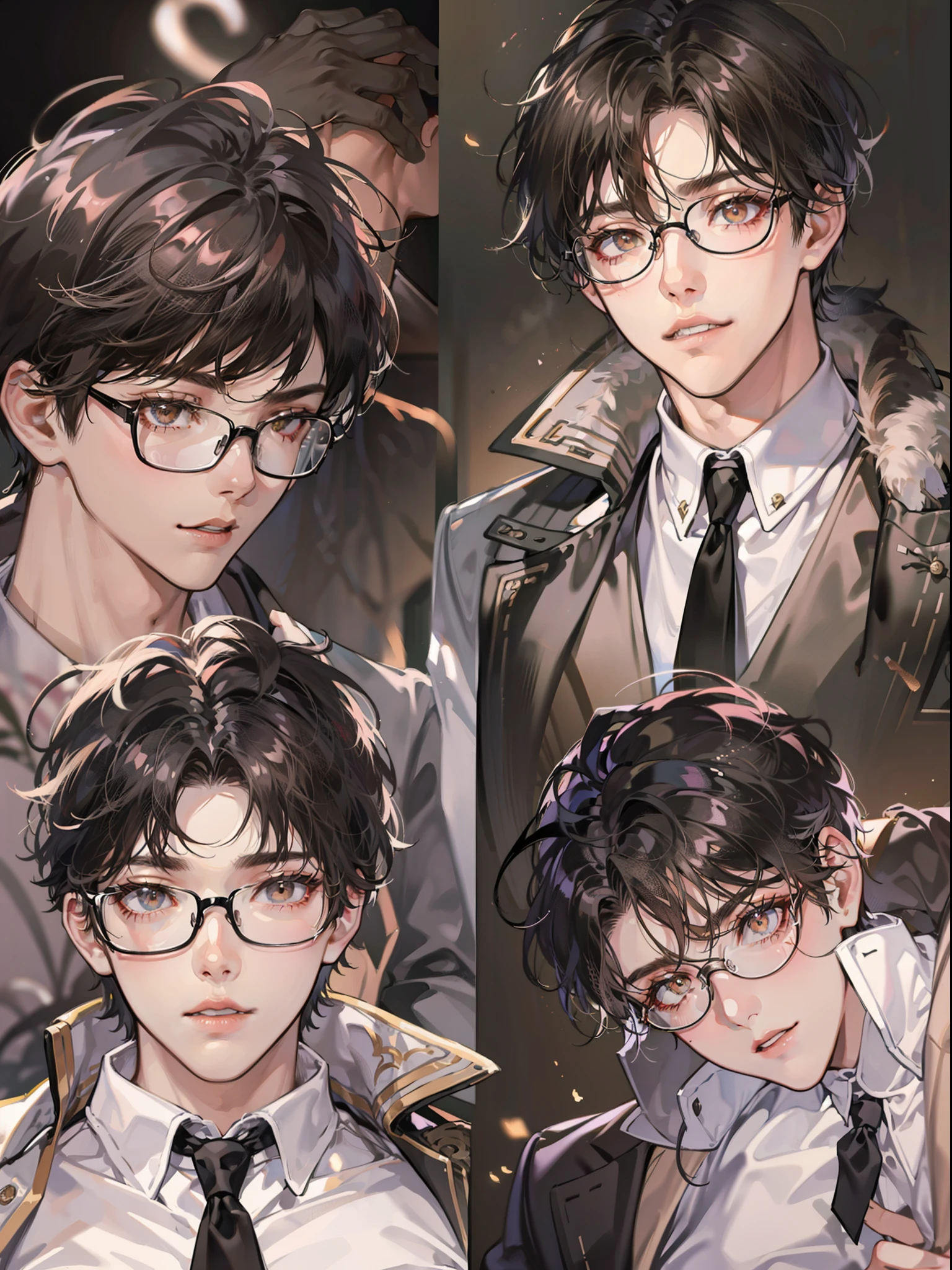 (Highest high resolution,distinct_image)，Brown pupils，with brown eye，Wearing glasses，Focused eyes，affectionate，Best Picture Quality，male god masterpiece，high detal，Short black hair，brunette color hair，By bangs，18yr old，mature，年轻，large tall，White shirt，Untie the shirt，Expose abs，chest muscle，robust，Muscle black pants，solid color backdrop，Cold、Tall and handsome、authoritative、powerful、exquisite facial features、exquisite facial features，full bodyesbian