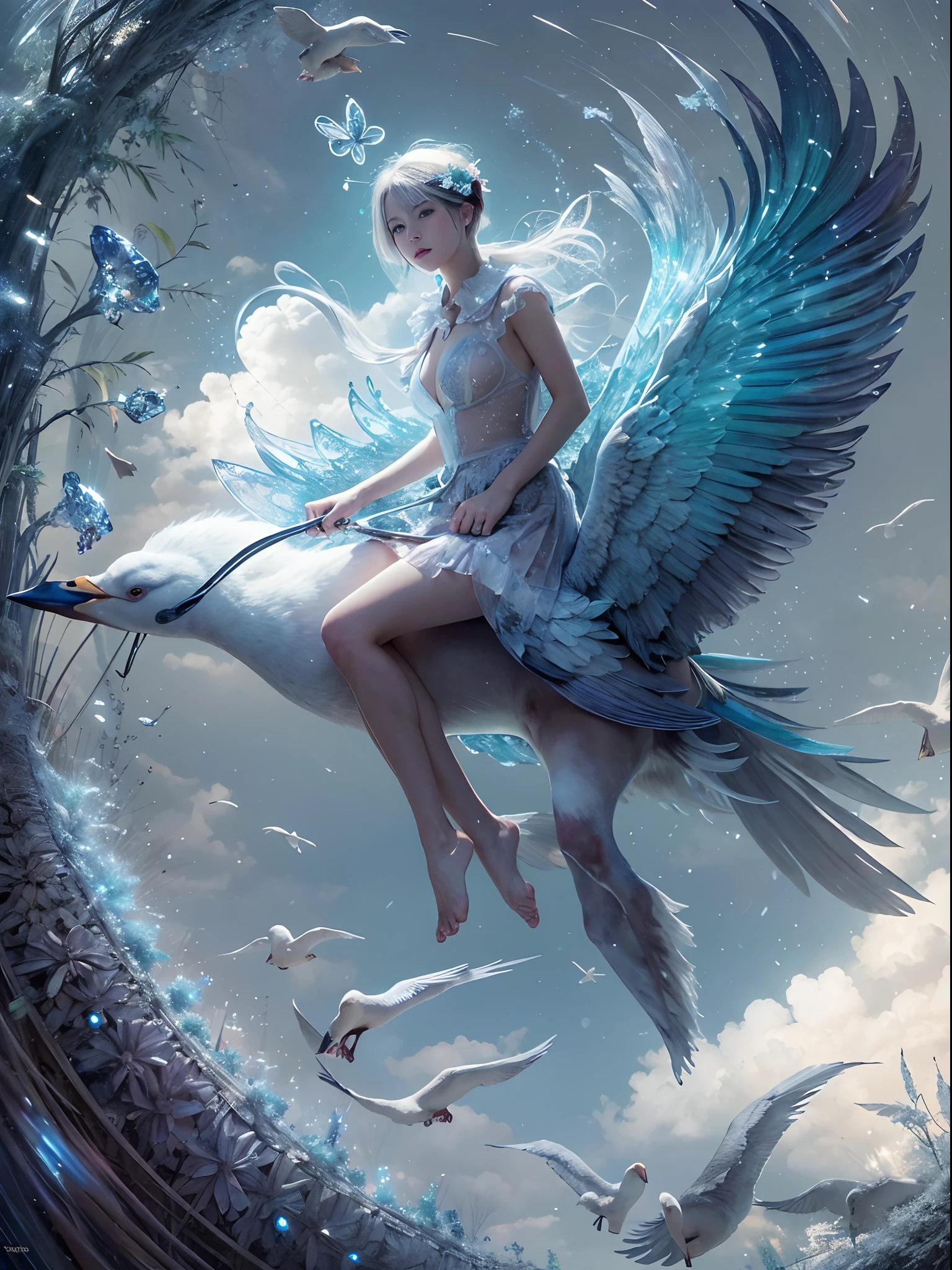 (Best Quality, Masterpiece: 1.1), (Realistic: 1.4), Beautiful naked girl is riding on the purple swan, god ray, teen, silver short hair, blue eyes, full body, from below, hourglass body shape, flying over the park,crystallineAI,fractal art,splash