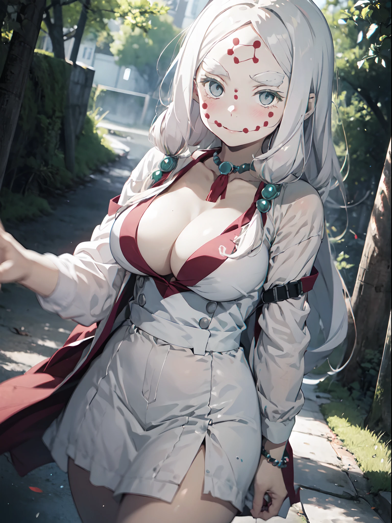 Film photography, 1girll, Dynamic posture
Large breasts，cleavage，The shoulder straps slip off，White hair，white skinned，White clothes，ln the forest