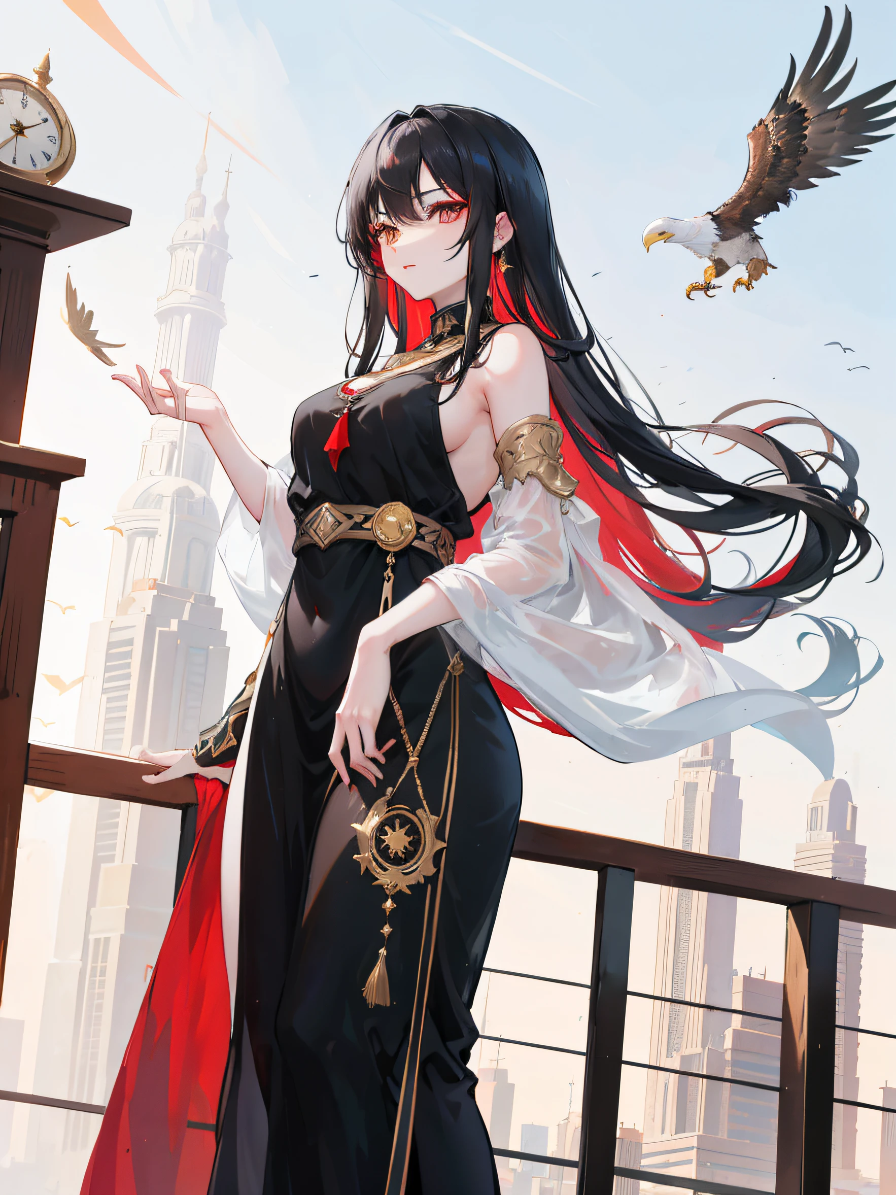 1arabian girl, long black hair with red ends, golden eyes, wearing black long Arabian dress, Golden sundial, Dubai city, absurdres, high res, ultrasharp, 8K, masterpiece, looking at sky, with eagle