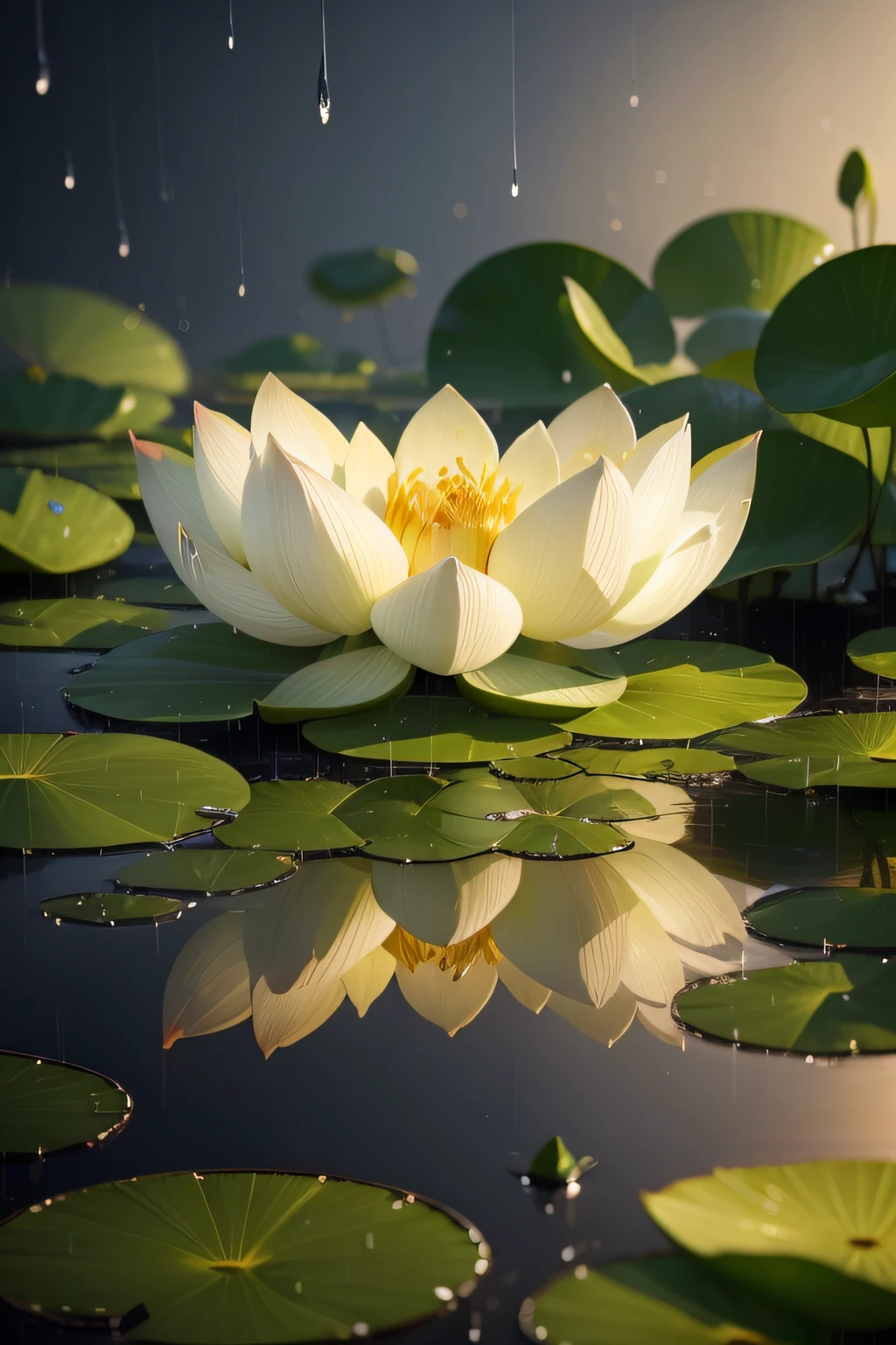 Create an image that showcases the beauty of raindrops falling on lotus flowers. Experiment with capturing the reflections and patterns created by raindrops on lotus flowers, hyper details, masterpiece, best quality