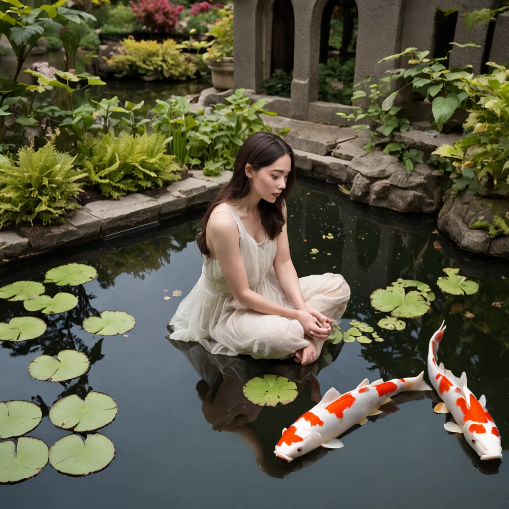 Photography of a young adult, fair-skinned with black hair, feeding vibrant Koi fish, at a serene garden pond adorned with lily pads, capturing the gentle bond between human and nature, medium shot, soft sidelighting enhancing the pond's reflections, photographed by Hiroshi Hamaya, influenced by traditional Japanese aesthetics, evoking feelings of tranquility and harmony, sharp focus on the playful fish, featured in renowned nature journals,The water ripples and the reflection cannot be seen clearly