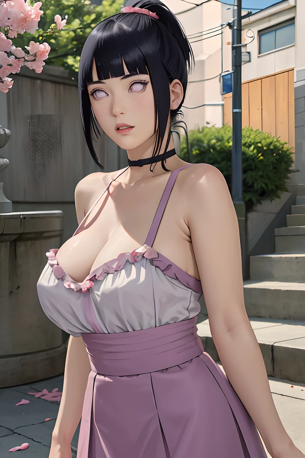 masterpiece, absurdres, hinata\(boruto\), 1girl, solo,mature female, spaghetti strap top, high waist short skirt, looking at viewer, (falling petals), perfect composition, detailed lips, big breast, beautiful face, body propotion, blush, (pink lips), ponytail, purple eyes, soft gaze, super realistic, detailed, photoshoot, realistic face and body,