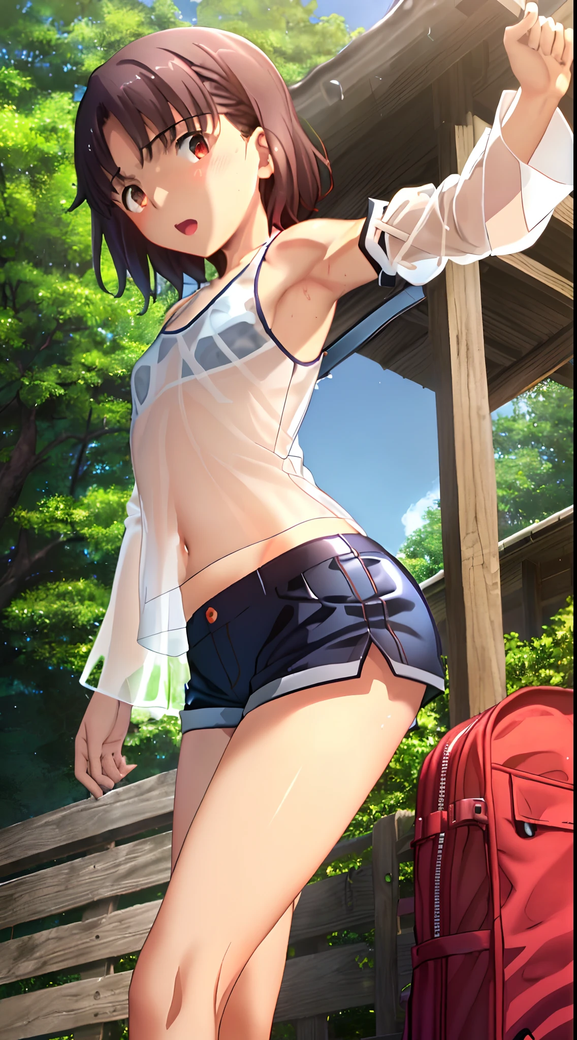 ufotable screen cap, white hair, twin tails oily skin, wet, detailed skin, (()), ((carrying a red backpack)), ((10 years olbackground, open mouth, short height, little girl, ((bare sho), ((presenting armpit)), (see-through), cleavage, naughty face, ((white tank top)), (arm up), ((loli oppai)), ((big boobs)), ((large breasts)), ((under boobs)), ((boob curtain)), ((hot pants)), ((detached sleeves)), beach, (potrait)), loose shirt, navel, (((from below))) wet body, rain