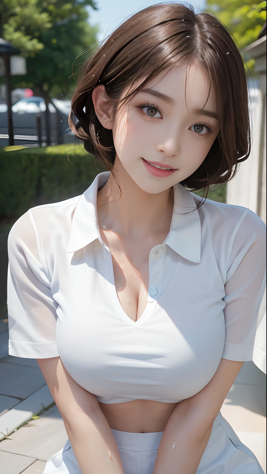 masutepiece, Best Quality, Illustration, Ultra-detailed, finely detail, hight resolution, 8K Wallpaper, Perfect dynamic composition, Beautiful detailed eyes, nsfw, (Full body:1.2), (light brown hair), Blunt Bangs, wavy hair, (((Absurdly Long Hair))), (((Beautiful Voluminous breasts))), (real looking skin), Natural Color Lip, (The best smile), Beautiful girl with voluptuous body, (wearing a white t-shirt:1.3), (buruma:1.5) (classroom background)