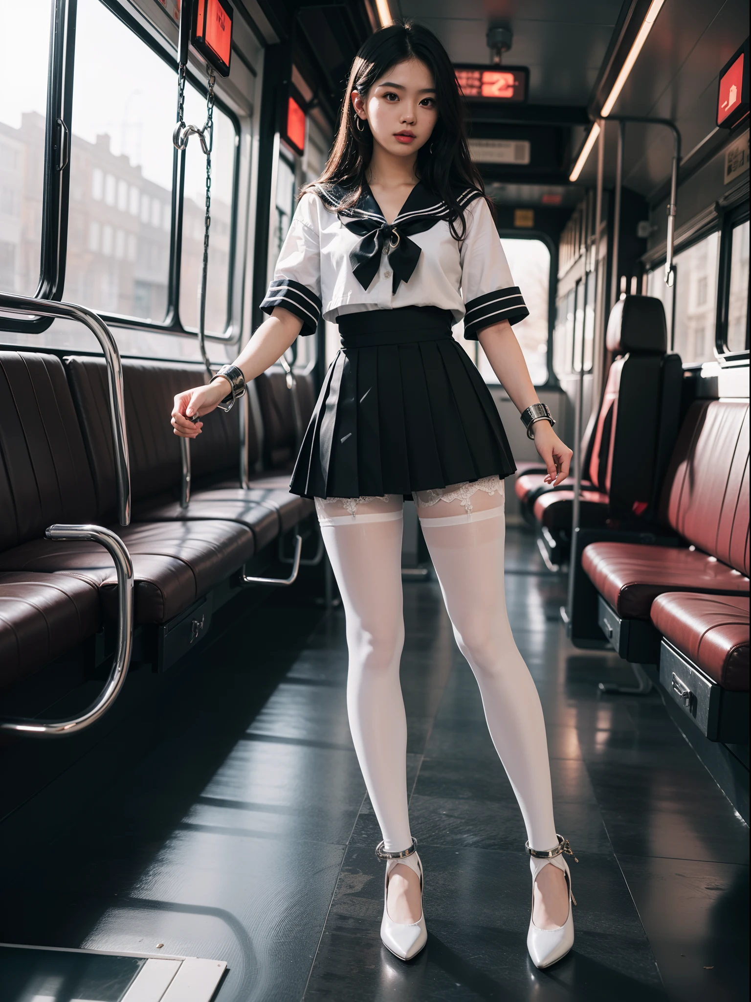 (full body:1.5),((girl):1.4),(view the viewer:1.4),(anatomy correct:1.3),(dancing on a bus:1.2),(A colorful Sailor suit and checkered high waisted pleated skirt :1.2),((white Pantyhose):1.32),( girl pointed thick heels :1.1),((Metal shackles and handcuffs):1.3),(Accurate and perfect face:1.3),hyper HD, Ray traching, reflective light, structurally correct, Award-Awarded, high detail, lighten shade contrast, Face lighting ,cinematic lighting, masterpiece, super detailing, high quality, high detail, best quality, 16k,High contrast,
