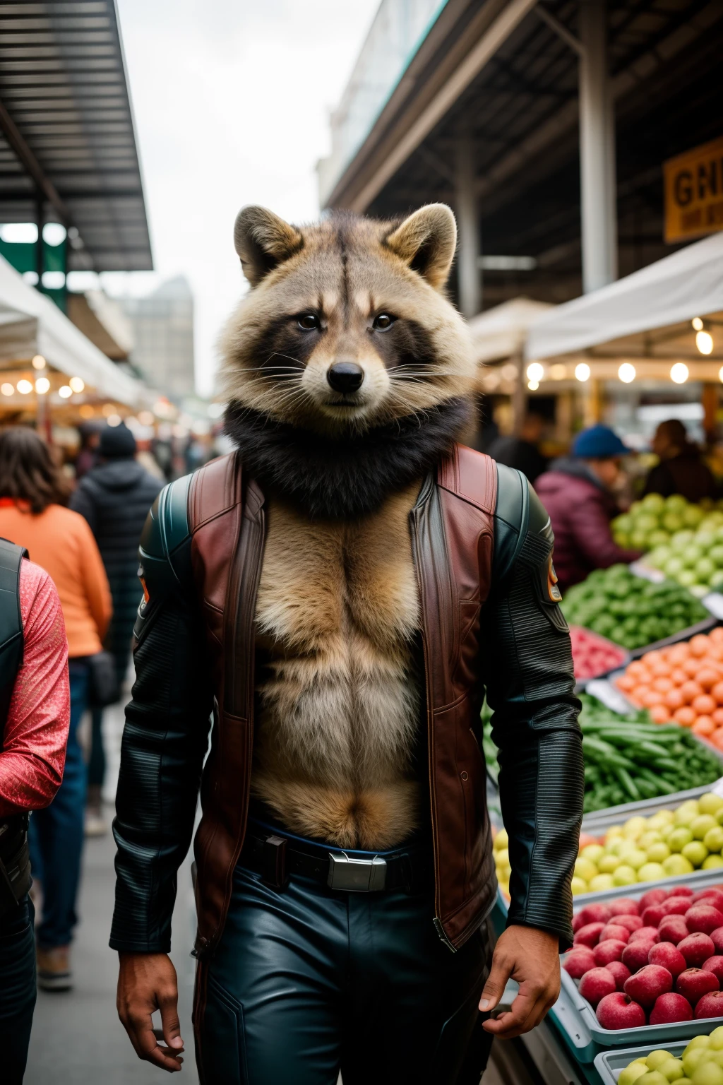 RAW photo, Animal, portrait photo of [Man:Lion:1], Rocket the Racoon from "Guardian of the galaxy" movies, Humanoid creatures in clothes, at the market, face, 8K  UHD, Digital SLR, Soft lighting, High quality, filmgrain, Fujifilm XT3