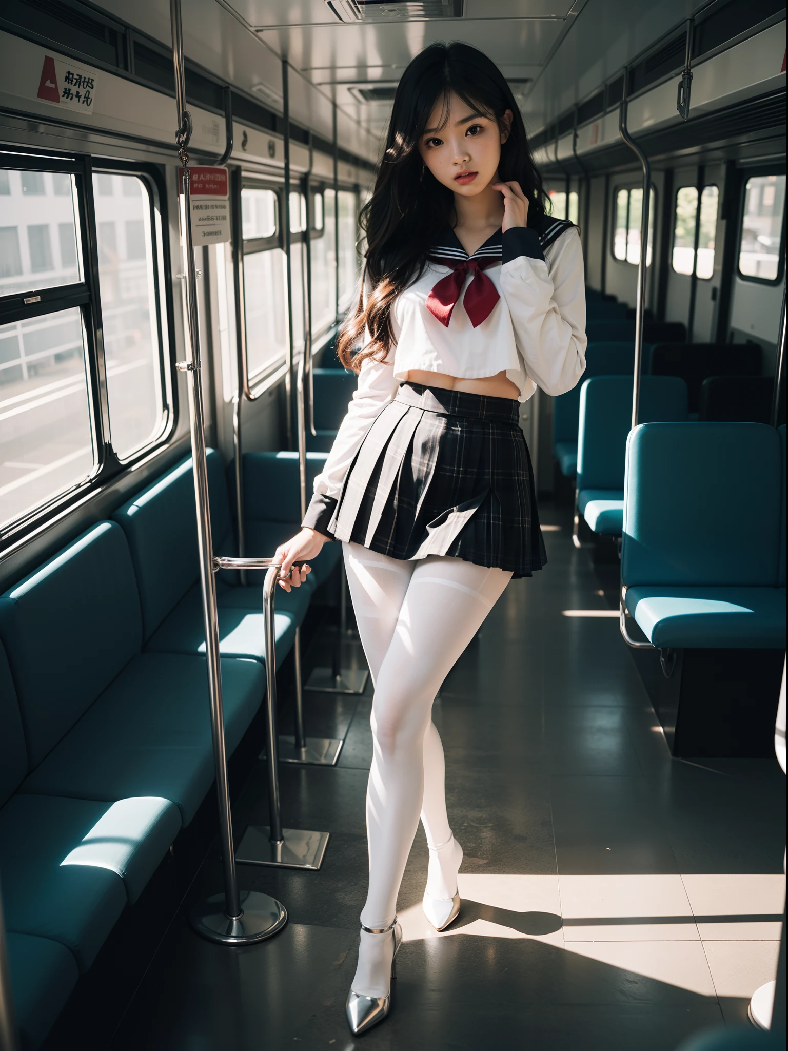 (full body:1.5),((girl):1.4),(view the viewer:1.4),(anatomy correct:1.3),(dancing on a bus:1.2),(A colorful Sailor suit and checkered high waisted pleated skirt :1.2),((white Pantyhose):1.32),( girl pointed thick heels :1.1),((Metal shackles and handcuffs):1.3),(Accurate and perfect face:1.3),hyper HD, Ray traching, reflective light, structurally correct, Award-Awarded, high detail, lighten shade contrast, Face lighting ,cinematic lighting, masterpiece, super detailing, high quality, high detail, best quality, 16k,High contrast,