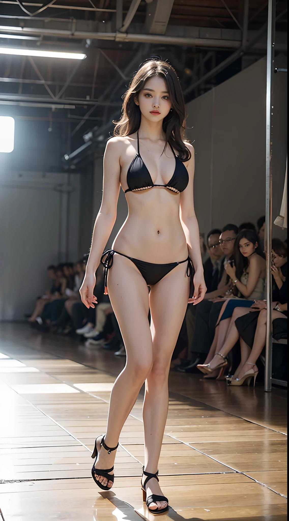 Top Quality, Masterpiece, 8K, Ultra High Definition, (Photorealistic: 1.4), 1 Girl, Beautiful Face, Symmetrical Eyes, Big, Perfect Body Proportions, Viewer's Look, (catwalk fashion:1.5), Front View, Absolute Area (1.3), ((string bikini)), (full body view),