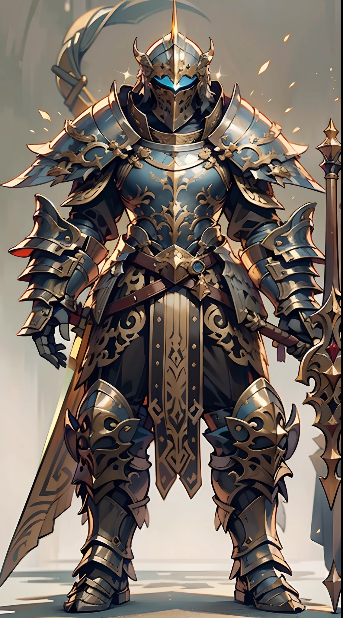 Game character design,holy paladin,Quaint and heavy armor wraps the entire body,shelmet,Holding a stout and ornate scepter,heavy boots,(Full-body side:1.4),Lateral face,solid color backdrop,clean backdrop,depth of fields,high light,Real light,Ray traching,oc rendered,Hyper-realistic,best qualtiy,8K,Works of masters,super-fine,Detailed pubic hair,Correct anatomy,Bokeh,Facial features are carefully depicted