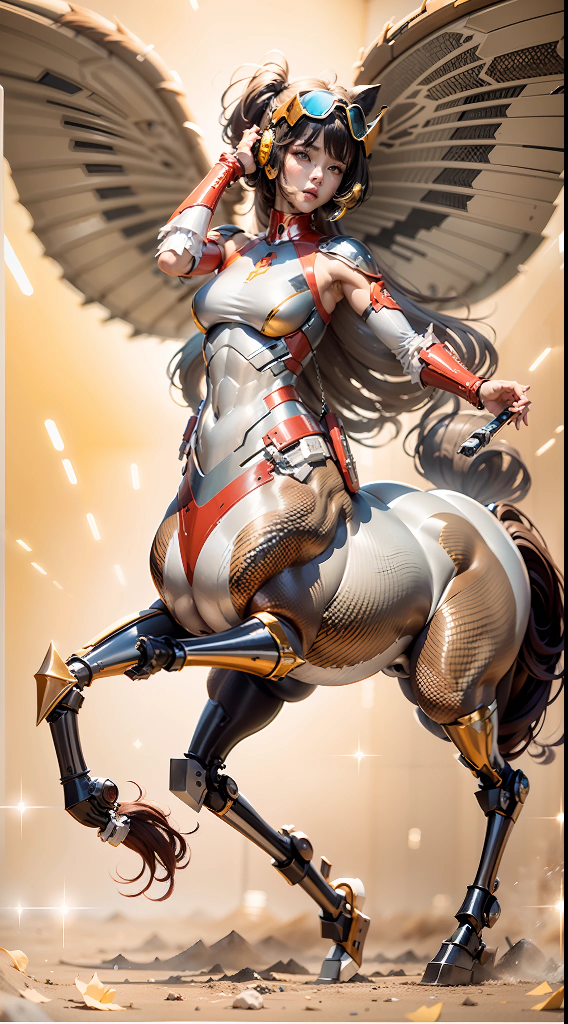 A female centaur,She is famous in the multiverse,She is both a female centaur, half human, half horse, half horse,It is also a female Yingzhao。She blends both images,The first is:((The head of the horse/neck/Shoulder these parts,Replaced with a beautiful female human upper body):9.9),of females are half-centaurs, half-horses, half-humans,The second is:((The head of the horse/neck/lower back/hason/gluteal/Shijo Thigh Female Embodiment):9.9),'s((Female half-horse with beautiful woman's):9.9,Chimer):9.9),(It's like a female human wearing a half-horse-like costume and making a seamless chimera:9.9),This chimerization is based on powerful futuristic technology。The ultra-wide-angle lens captures the image of her beautiful and ethereal wings on the ionosphere launching a super-high-speed charge and leaping。Her front half is distinctly feminine,Tall sexy body,possessed(K cup giant coconut tit chest:9.9),It has a small man's waist butterfly straddling(Long legs:9.9),The embedded interface of the half-horse part of the bent feminine state of the back half of the body is in the hip position。(The horse-shaped, half-horse torso form of her back body is completely female humanization9.9)。The chest cavity of a woman in the shape of a bent dog style embedded in the lower back position of the beautiful woman's body starting from the upper part of the sternum/lower back/Ventral transverse。Then there are the sexy beauty's upright hips,(Her entire body has been completely female and replaced by a female body:9.9),Including the half-horse part。Mechanized armor covers the legs with knee-shaped anti-joints and feet,And these parts are highly anthropomorphic,This makes her legs graceful and slender,Her four horse legs exploded in length proportions and was slender and toned,Under the legs are skinny white feet dressed in Skyscraper Heels,Use Midjourney's advanced stroke tools and color palettes, as well as texture packs, model packs, and texture tools,Concentration,Include all parts of her