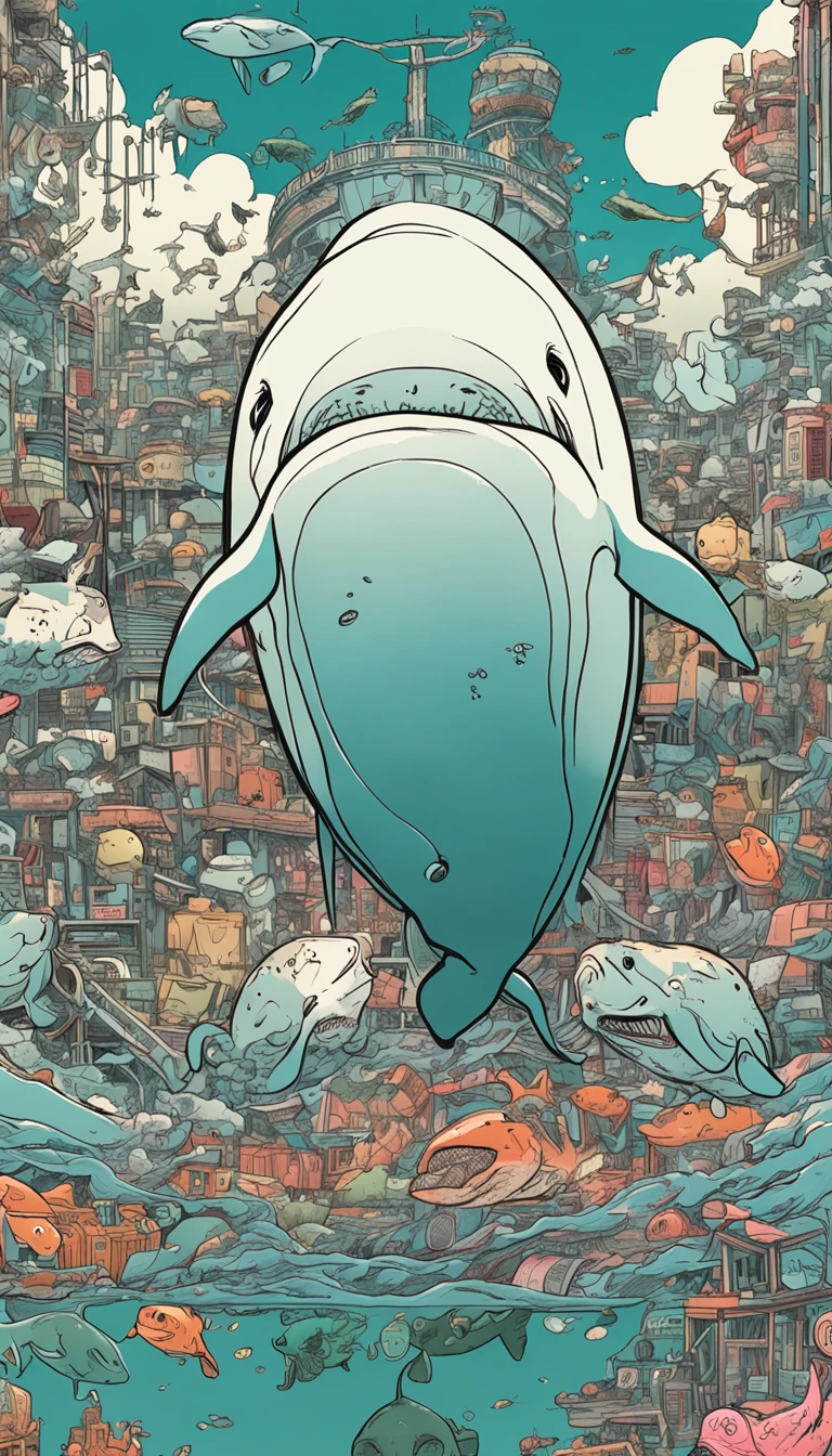 Whale gene mutations+(radiating:1.2)、Japan vessels、Sewage pipes+(nuclear power plant:1.1)、Green sewage，Sleeping floating dead fish rotten shrimp，Manhwa Style，A masterpiece