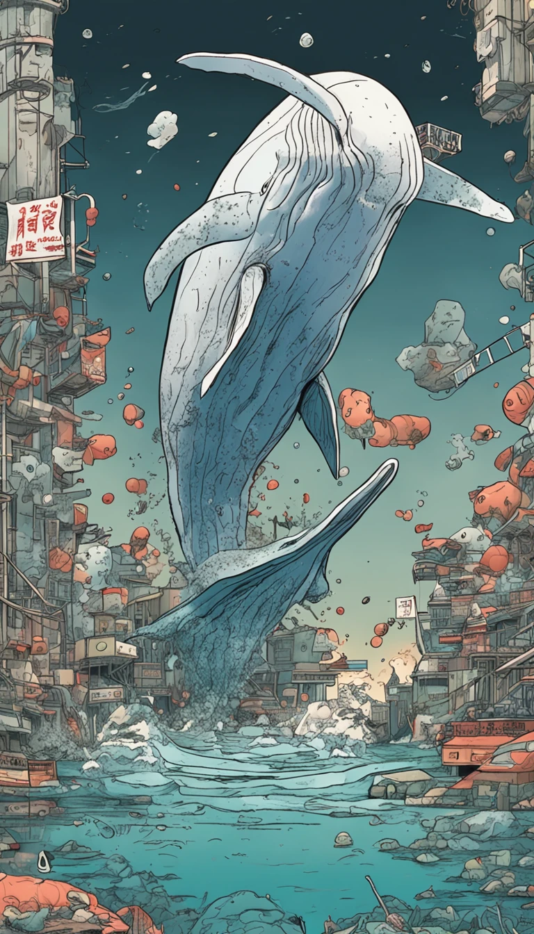 Whale gene mutations+(radiating:1.2)、Japan vessels、Sewage pipes+(nuclear power plant:1.1)、Green sewage,Sleeping floating dead fish rotten shrimp,Manhwa Style,A masterpiece