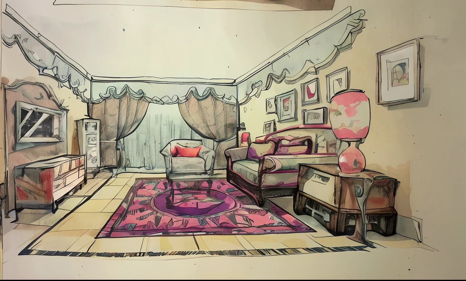 a drawing of a living room with a couch and a chair, water color and pen, colorful sketch, colored sketch, author:Judith Brown, color drawing, watercolor pen drawing, colored screentone, a sketch, Colored pen drawings, colorful architectural drawing, watercolor pencil + Ink drawing, drawn on paper, author:Lee Loveridge, inside on a rainy day