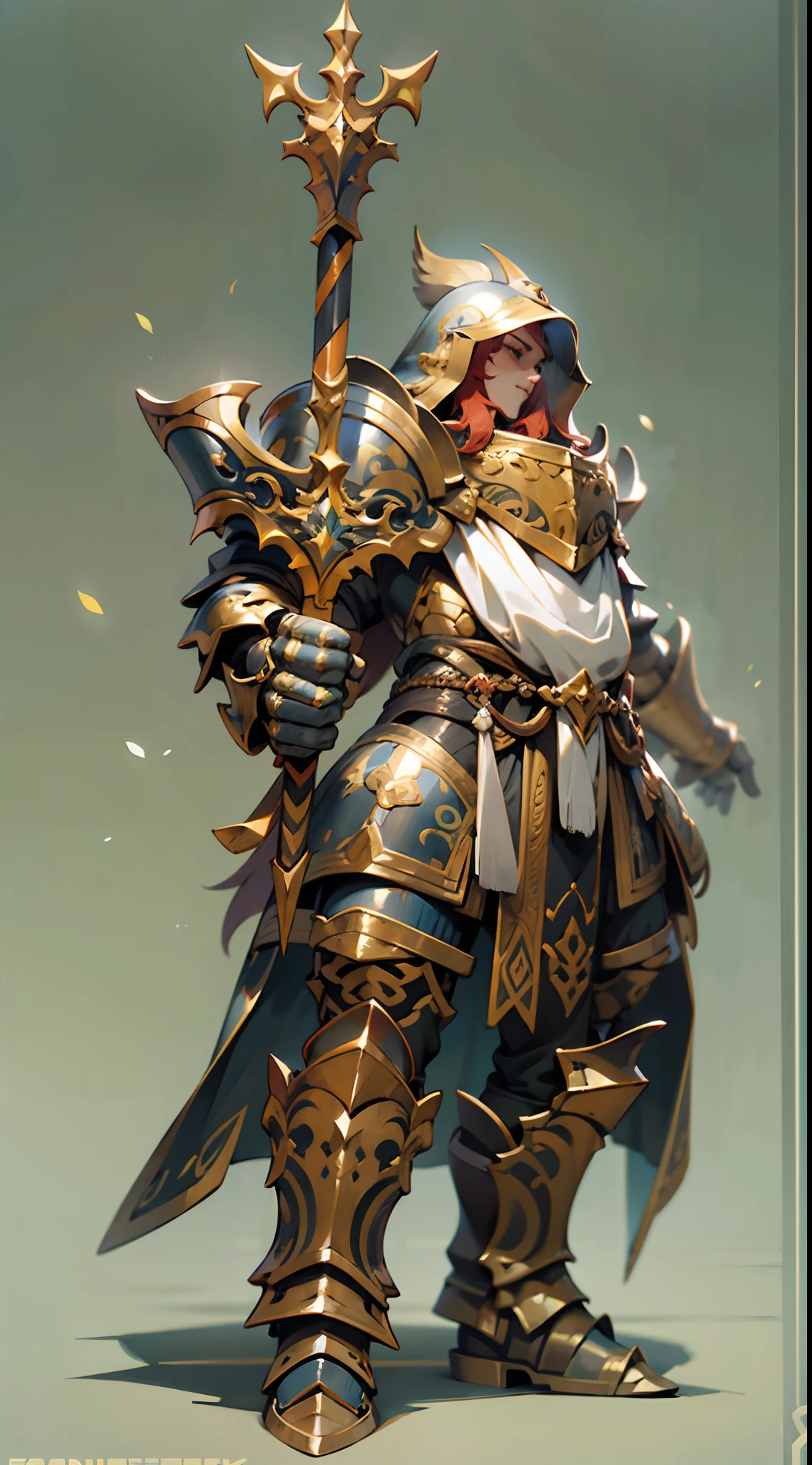 Game character design,holy paladin,Quaint and heavy armor wraps the entire body,shelmet,Holding a stout and ornate scepter,heavy boots,(Full-body side:1.4),Lateral face,solid color backdrop,clean backdrop,depth of fields,high light,Real light,Ray traching,oc rendered,Hyper-realistic,best qualtiy,8K,Works of masters,super-fine,Detailed pubic hair,Correct anatomy,Bokeh,Facial features are carefully depicted