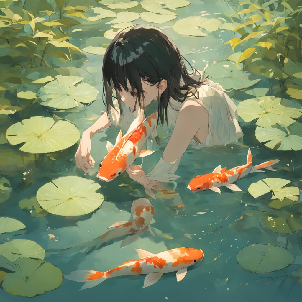 Photography of a young adult, fair-skinned with black hair, feeding vibrant Koi fish, at a serene garden pond adorned with lily pads, capturing the gentle bond between human and nature, medium shot, soft sidelighting enhancing the pond's reflections, photographed by Hiroshi Hamaya, influenced by traditional Japanese aesthetics, evoking feelings of tranquility and harmony, sharp focus on the playful fish, featured in renowned nature journals,The water ripples and the reflection cannot be seen clearly