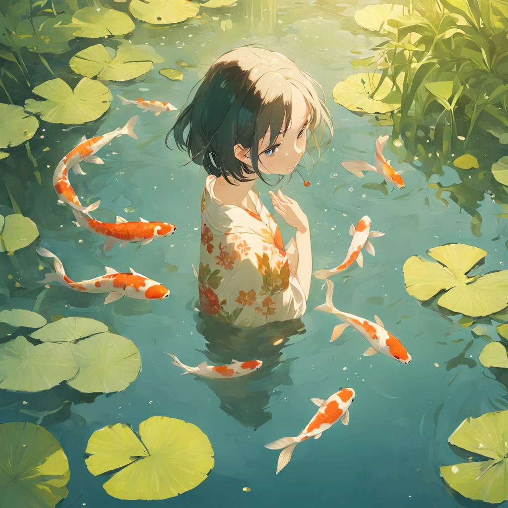 Photography of a young adult, fair-skinned with black hair, feeding vibrant Koi fish, at a serene garden pond adorned with lily pads, capturing the gentle bond between human and nature, medium shot, soft sidelighting enhancing the pond's reflections, photographed by Hiroshi Hamaya, influenced by traditional Japanese aesthetics, evoking feelings of tranquility and harmony, sharp focus on the playful fish, featured in renowned nature journals,The water ripples and the reflection cannot be seen clearly