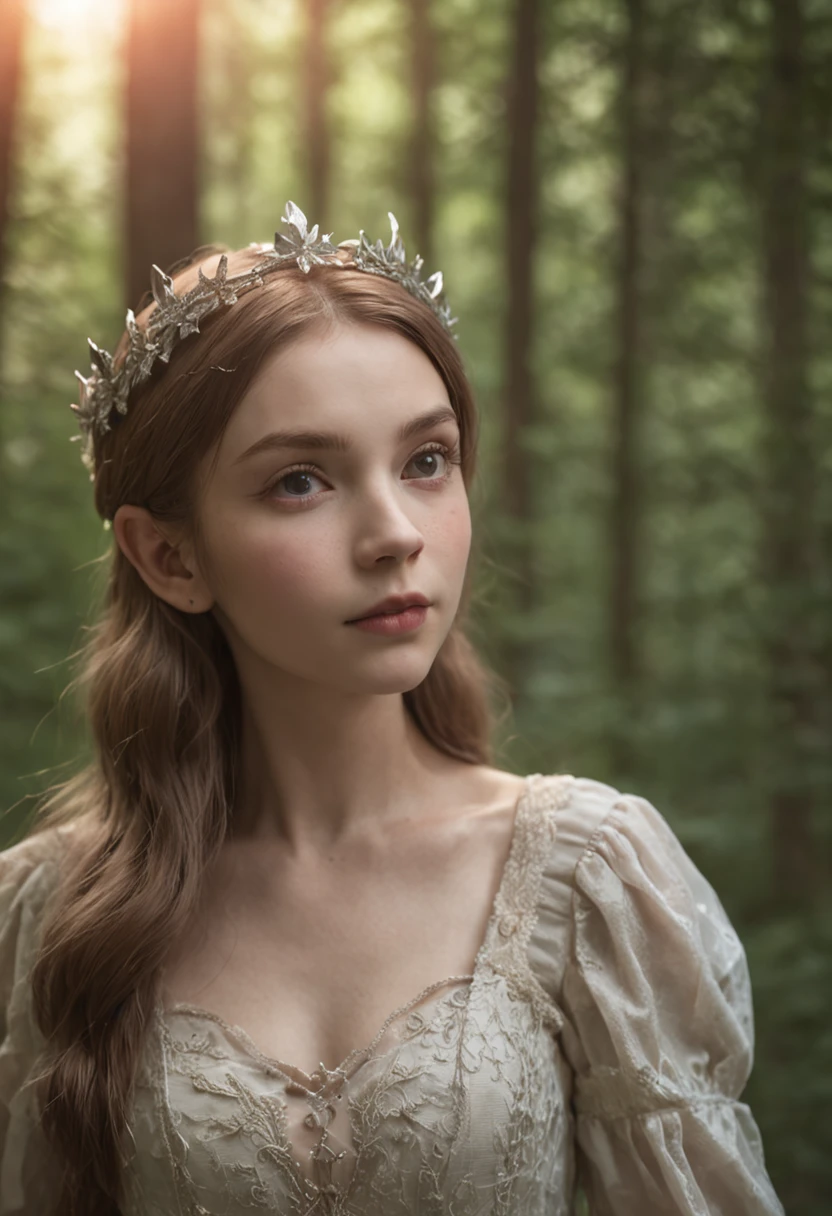 A girl like a sunny elf in a dark and terrifying forest,Faraway view,A beam of light shines on the girl