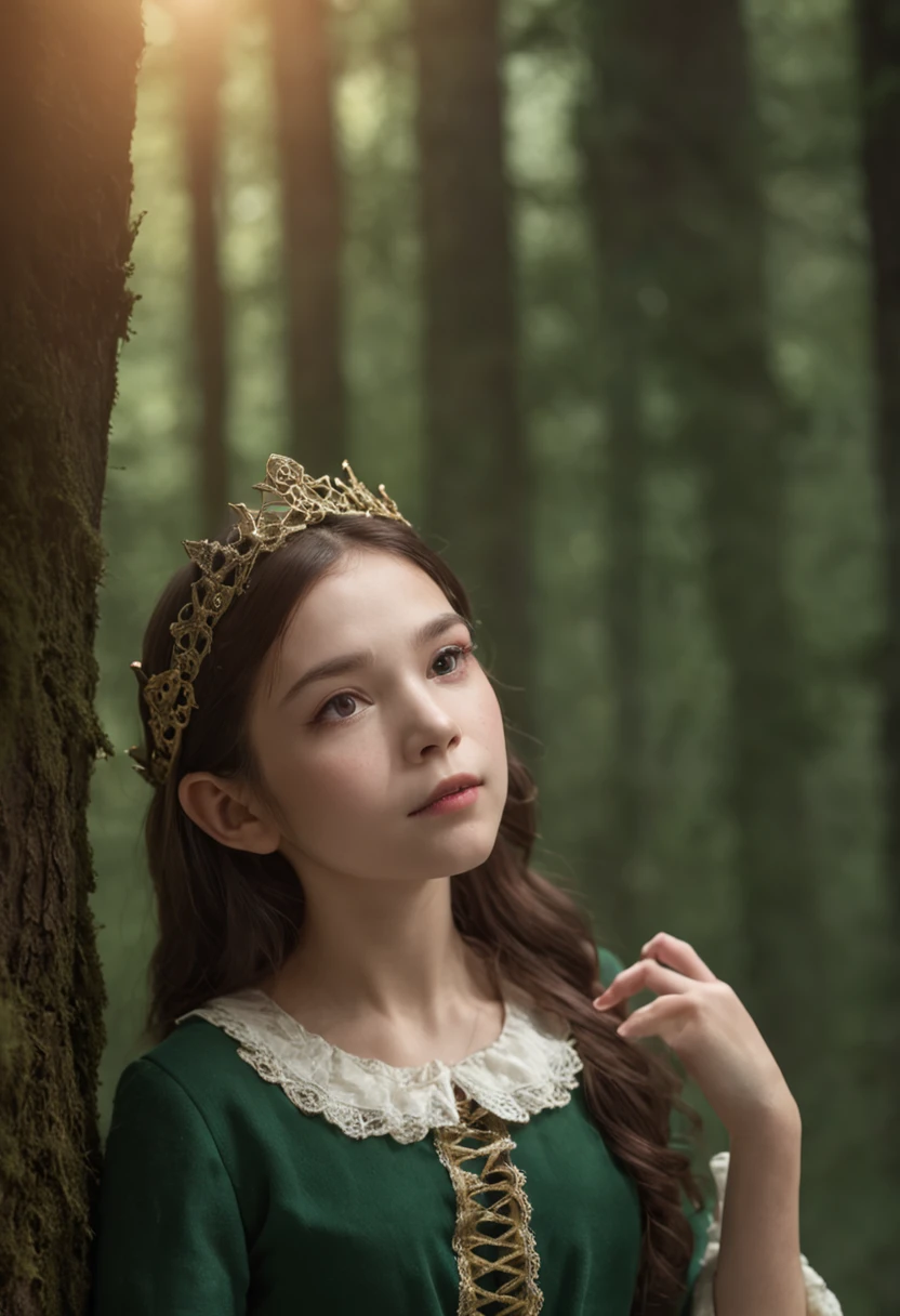 A girl like a sunny elf in a dark and terrifying forest,Faraway view,A beam of light shines on the girl