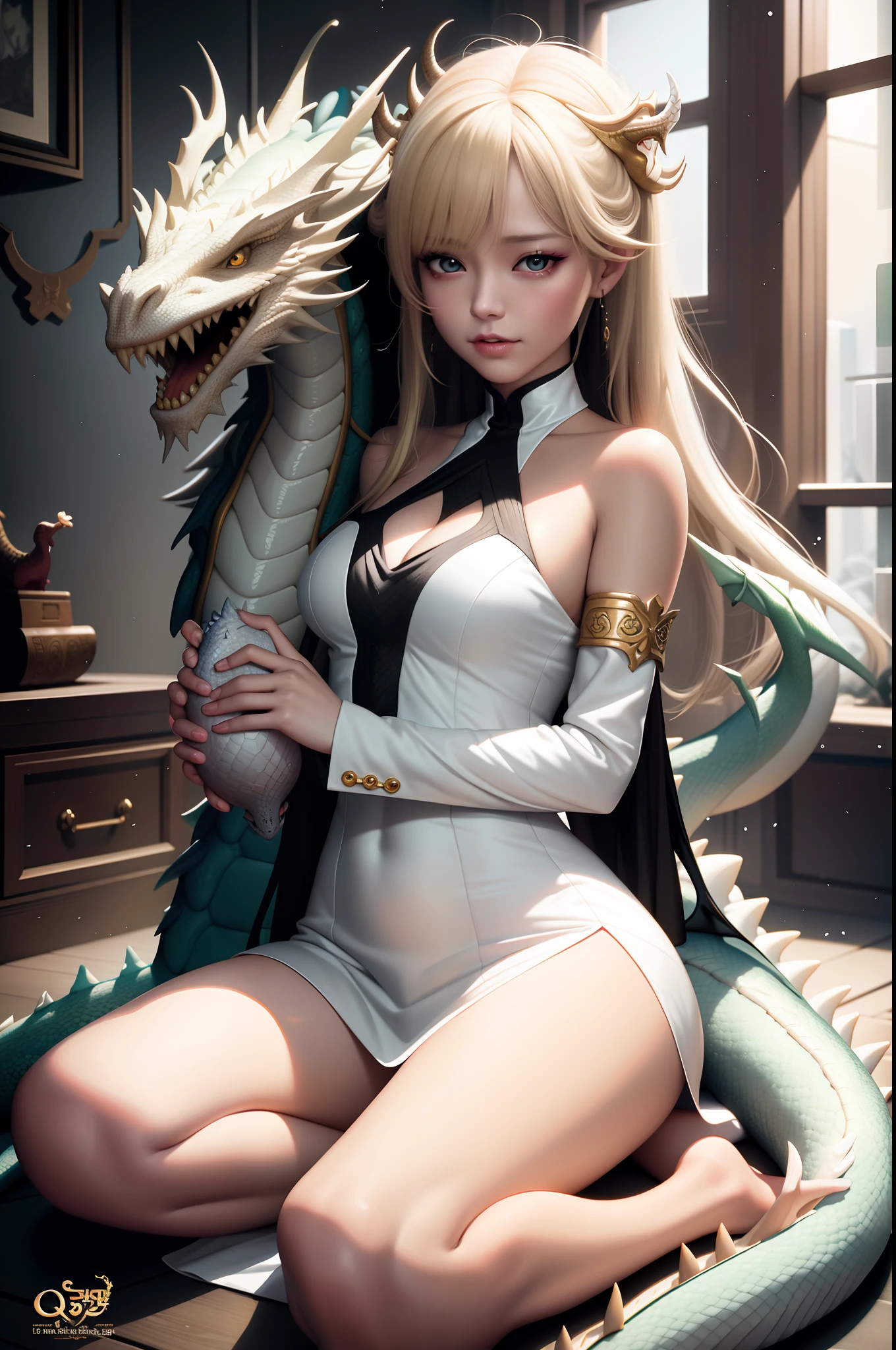 blond woman in white dress sitting on floor with dragon, the dragon girl portrait, dragon girl, loish and wlop, wlop and ross tran, artwork in the style of guweiz, queen of dragons, 8k high quality detailed art, wlop and artgerm, wlop and rossdraws, ross tran and wlop, fanart best artstation