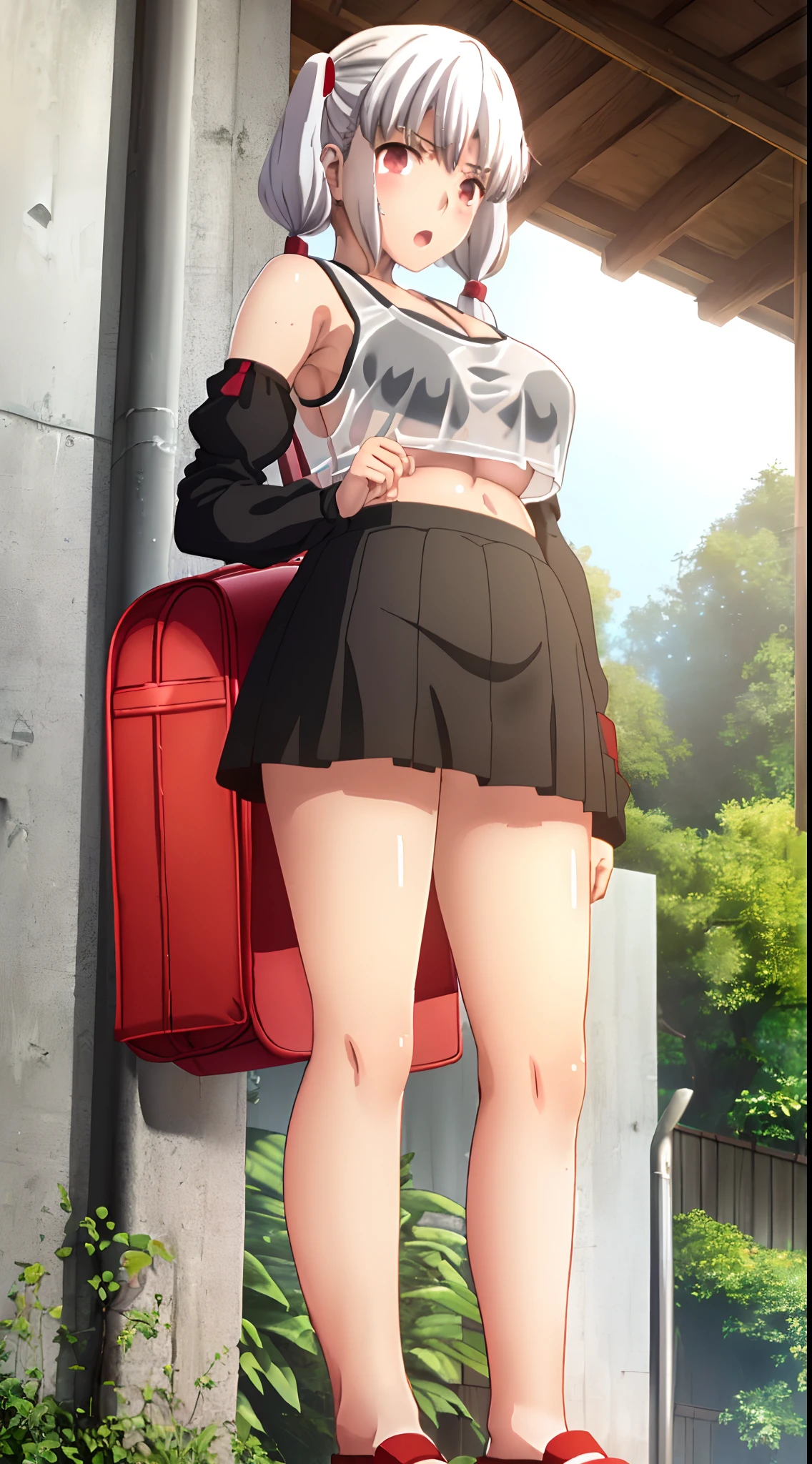 ufotable screen cap, white hair, twin tails oily skin, wet, detailed skin, (()), ((carrying a red backpack)), ((10 years olbackground, open mouth, short height, little girl, ((bare sho), ((presenting armpit)), (see-through), cleavage, naughty face, ((white tank top)), (arm up), ((loli oppai)), ((big boobs)), ((large breasts)), ((under boobs)), ((boob curtain)), (hot pants), ((detached sleeves)), beach, (potrait)), loose shirt, navel, (((from below))) wet body, rain