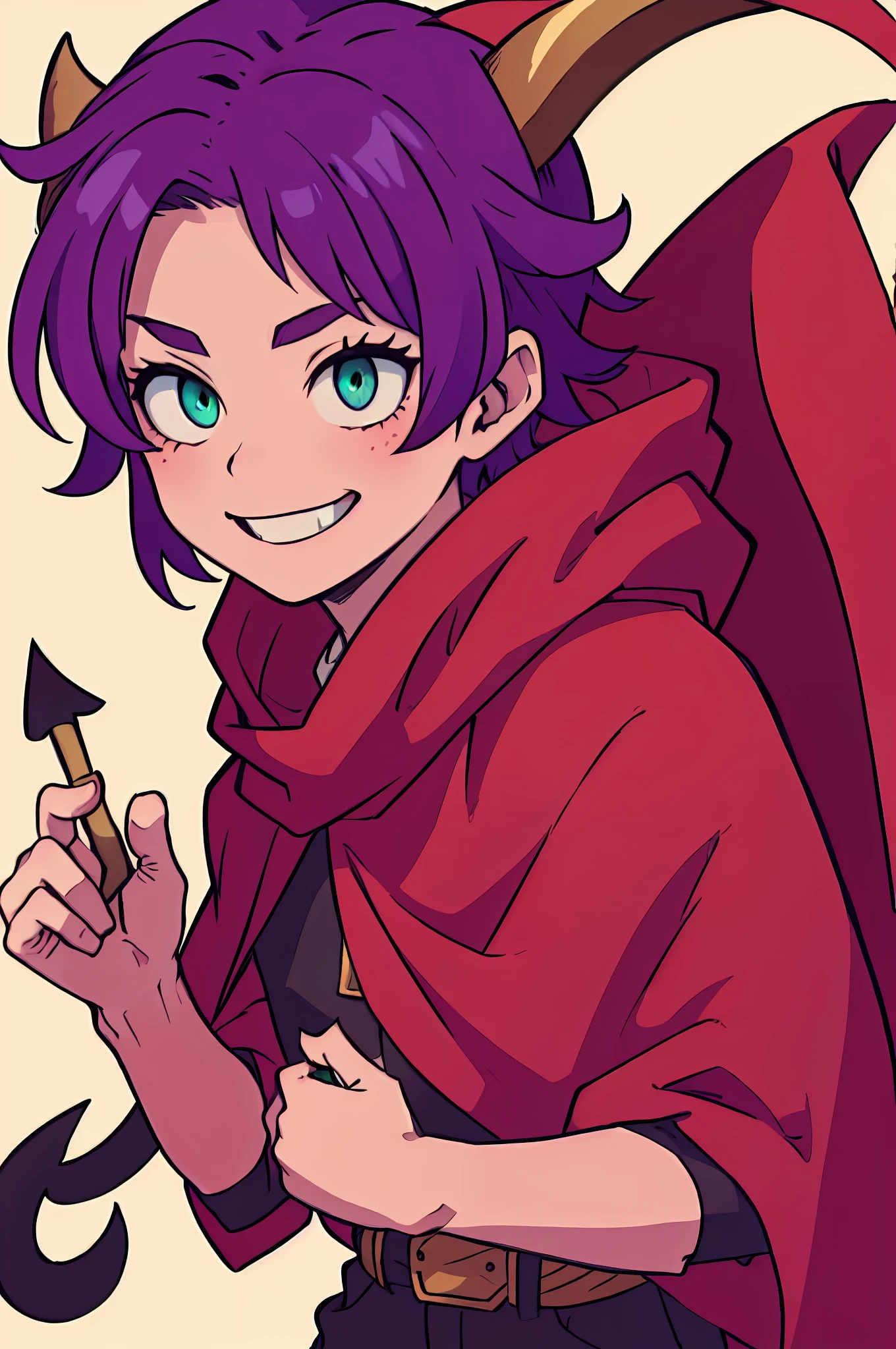 Boy with purple hair、Green eyes、Devil's horns and tail、((Deformed))、A smile、red cloak、Composition that reflects the whole body、No background