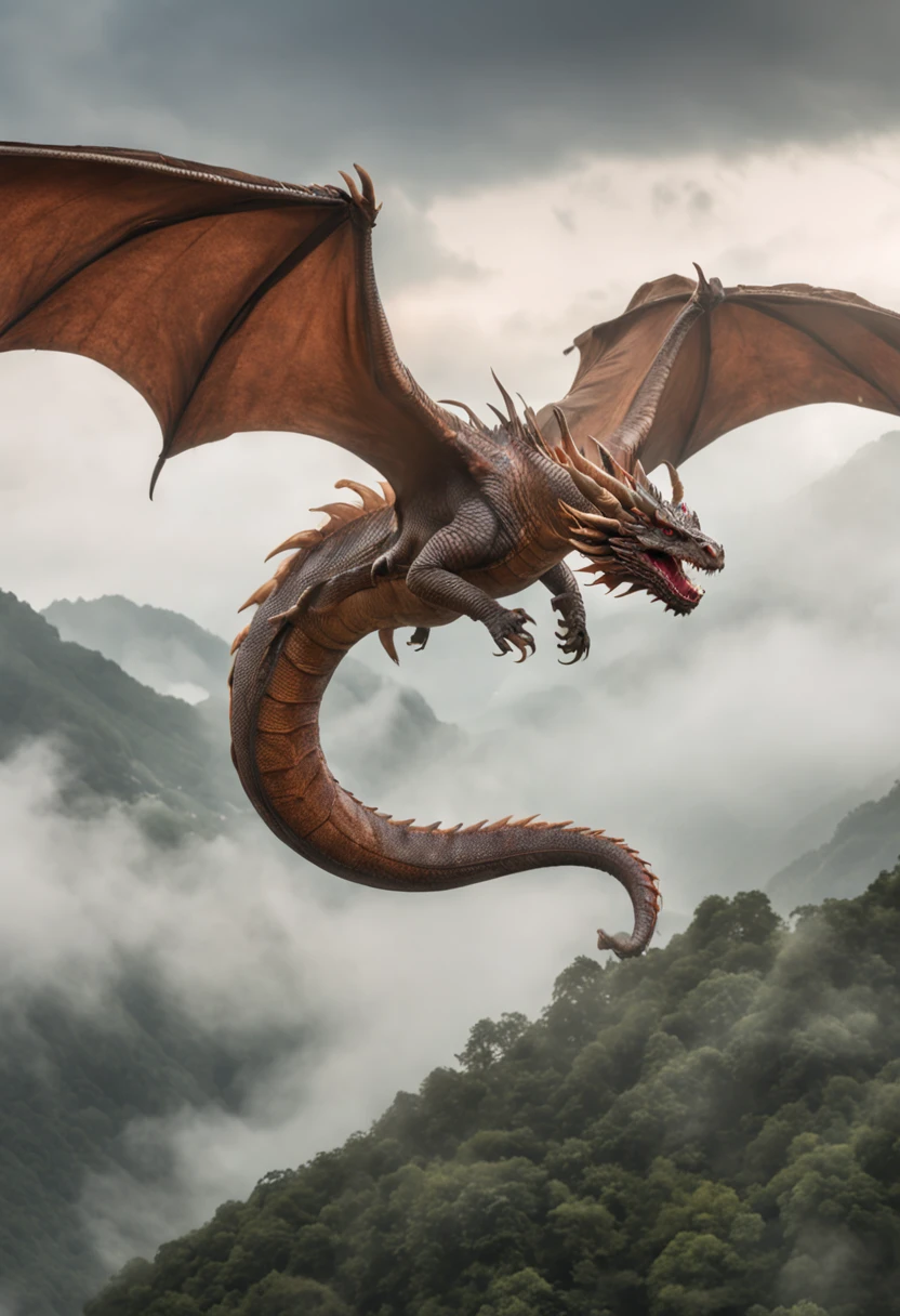 A dragon circles and flies over misty mountains,Huge and majestic。