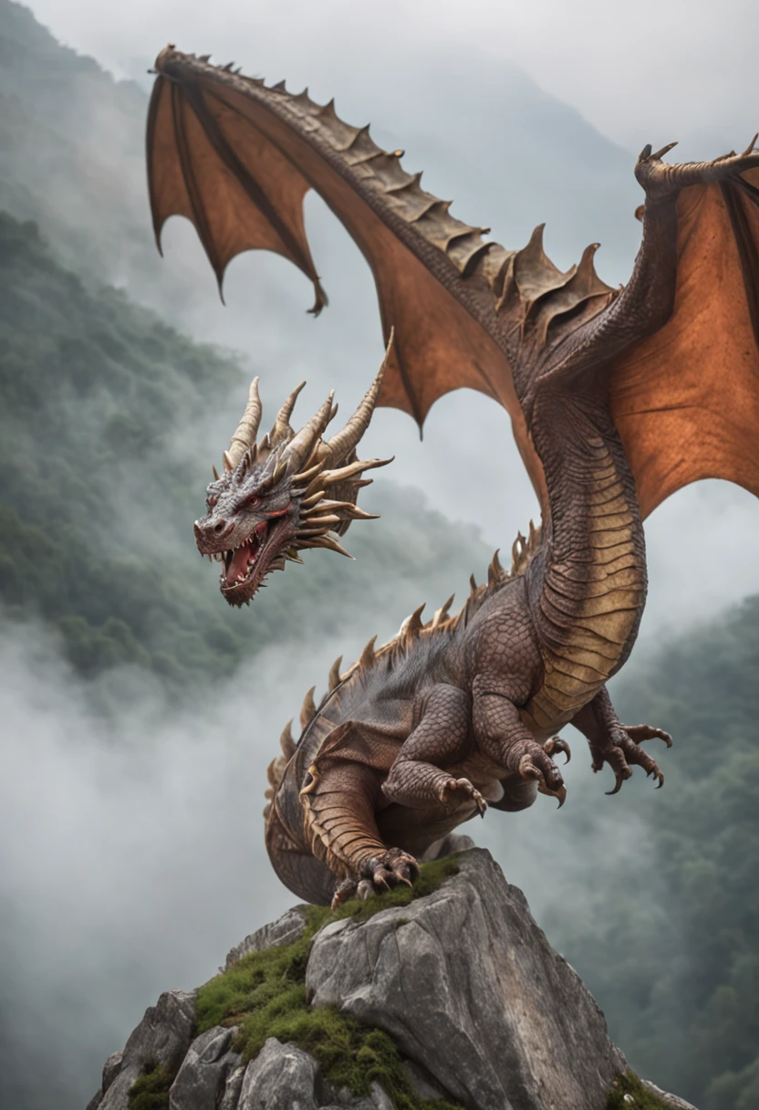 A dragon circles and flies over misty mountains，Huge and majestic。