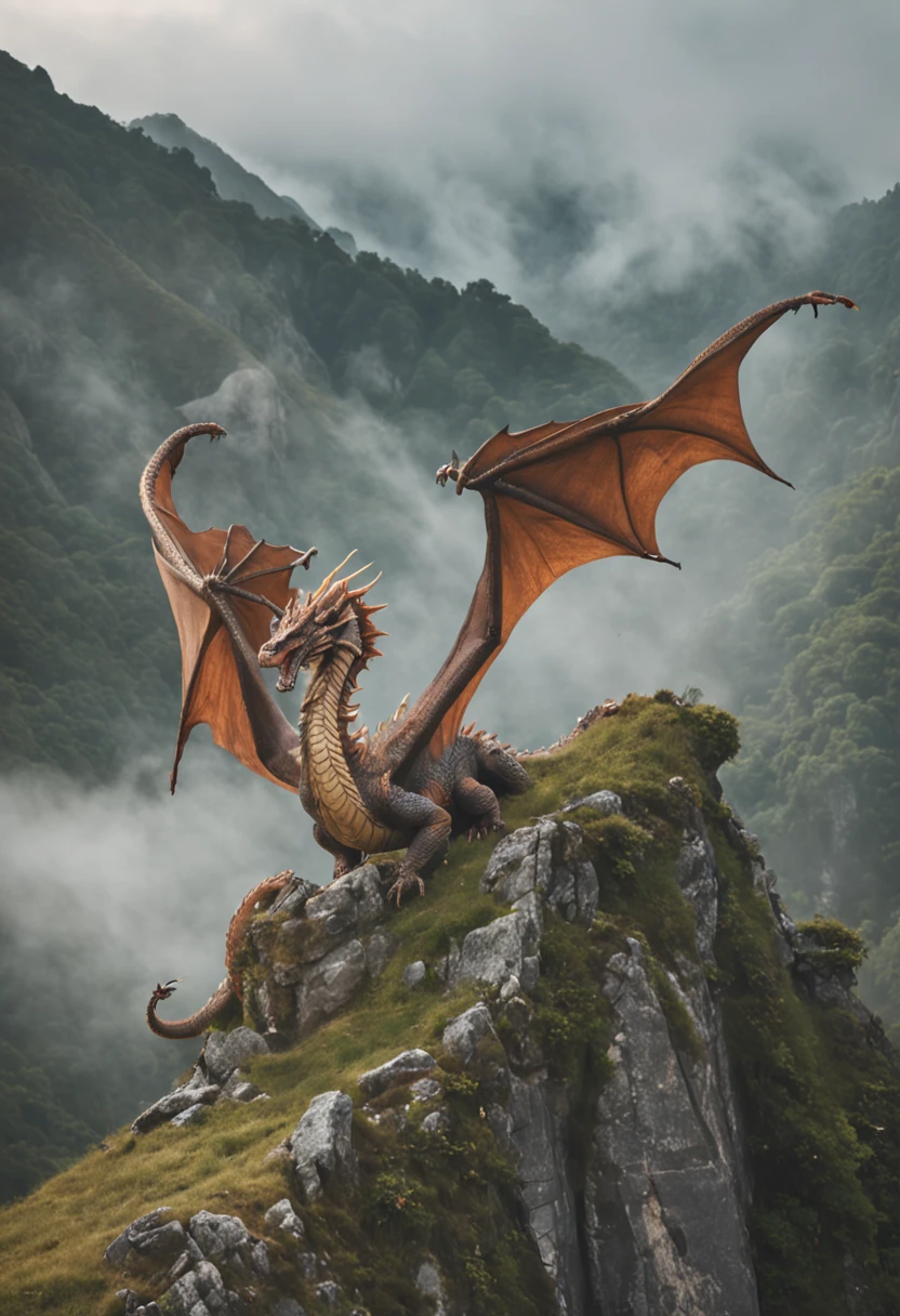 A dragon circles and flies over misty mountains,Huge and majestic。