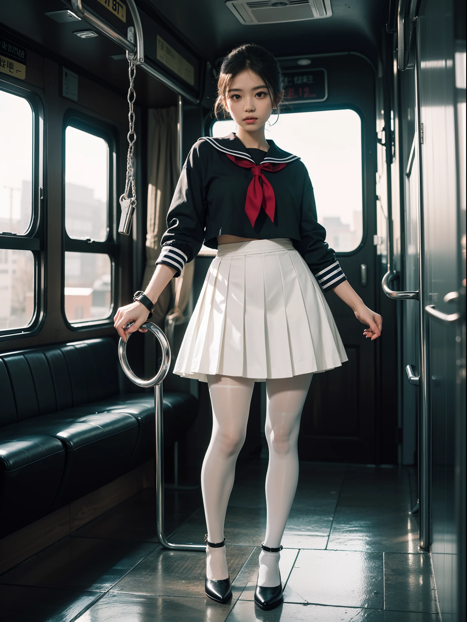 (full body:1.5),((girl):1.4),(view the viewer:1.4),(anatomy correct:1.3),(dancing on a bus:1.2),(((colorful)), (A Sailor suit and checkered high waisted pleated skirt ):1.2),((white Pantyhose):1.32),( girl pointed thick heels :1.1),((Metal shackles and handcuffs):1.3),(Accurate and perfect face:1.3),hyper HD, Ray traching, reflective light, structurally correct, Award-Awarded, high detail, lighten shade contrast, Face lighting ,cinematic lighting, masterpiece, super detailing, high quality, high detail, best quality, 16k,High contrast,