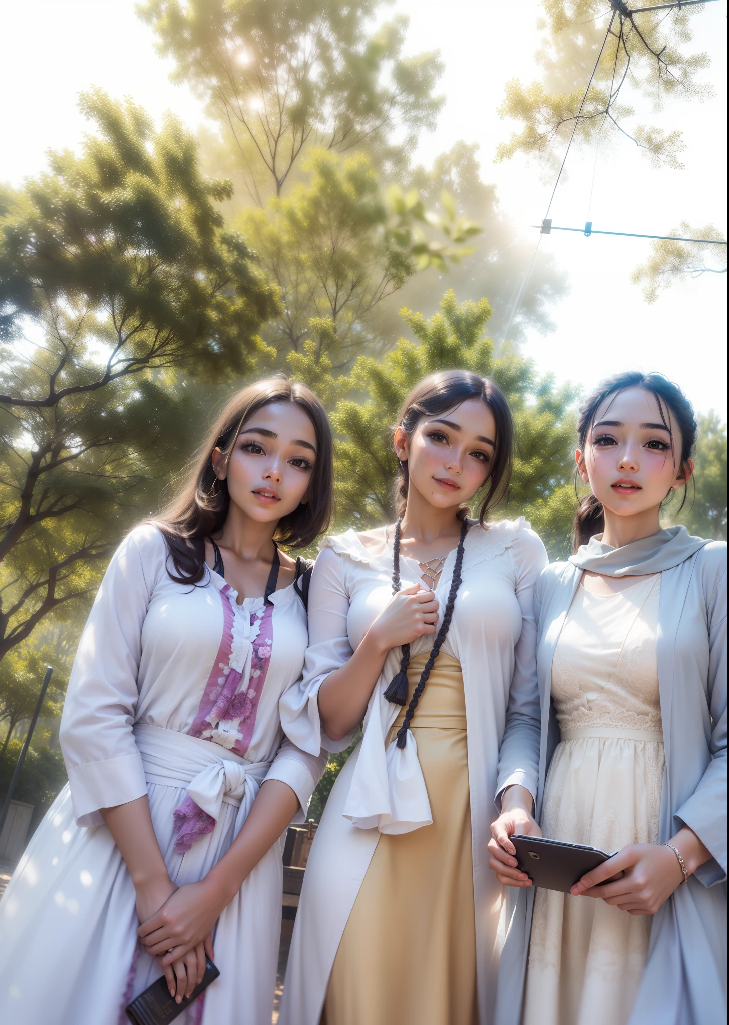 Close-up of faces, 3 girl,happy,Delicate face,Smooth skin, ( bokeh, Out of Focus, Soft Lighting, God Ray, UHD)