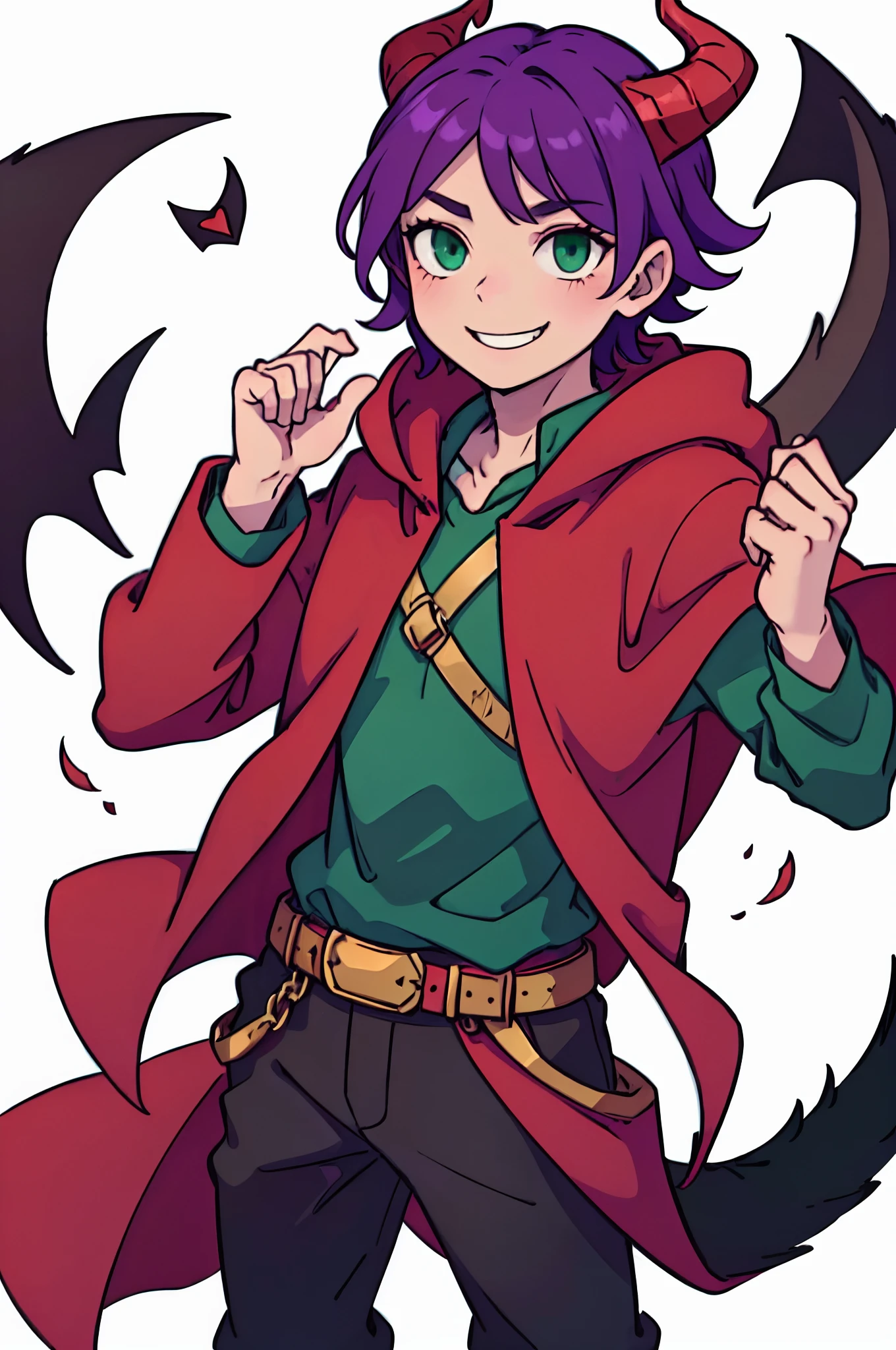 Boy with purple hair、short-hair、((Green eyes))、Devil's horns and tail、((Deformed))、A smile、red cloak、Composition that reflects the whole body、White background