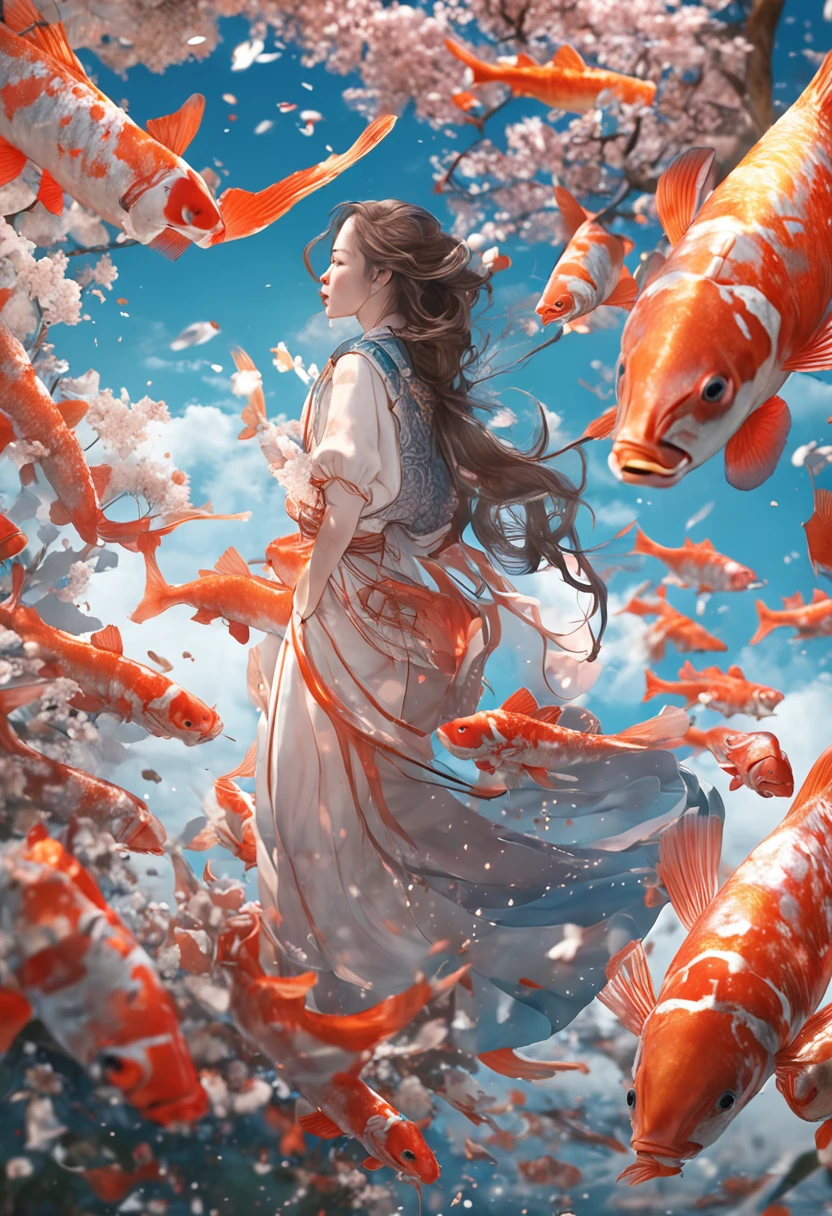 {Best quality}, {{Masterpiece}}, {A high resolution}, Original, Extremely detailed 8k wallpaper, 1girll, {An extremely delicate and beautiful},,A man rides on a giant koi，Fly in the sky