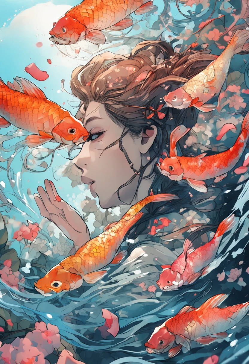{Best quality}, {{Masterpiece}}, {A high resolution}, Original, Extremely detailed 8k wallpaper, 1girll, {An extremely delicate and beautiful},,A man rides on a giant koi，Fly in the sky