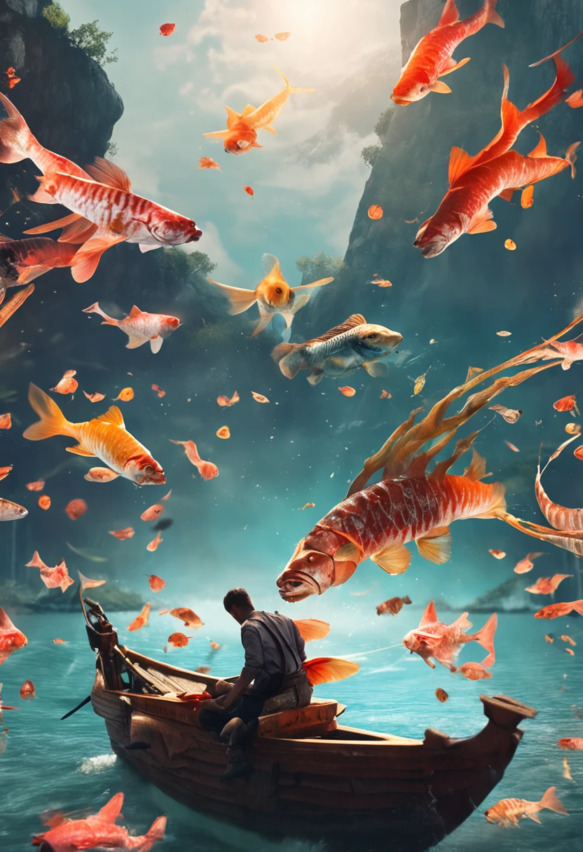 {Best quality}, {{Masterpiece}}, {A high resolution}, Original, Extremely detailed 8k wallpaper, 1girll, {An extremely delicate and beautiful},,A man rides on a giant koi，Fly in the sky